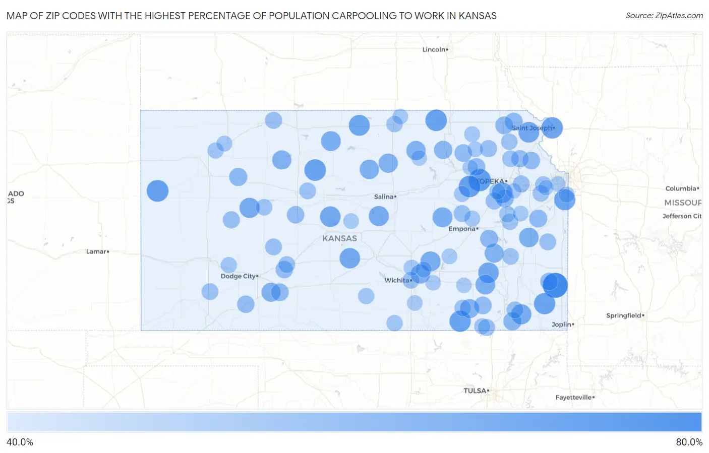 Zip Codes with the Highest Percentage of Population Carpooling to Work in Kansas Map
