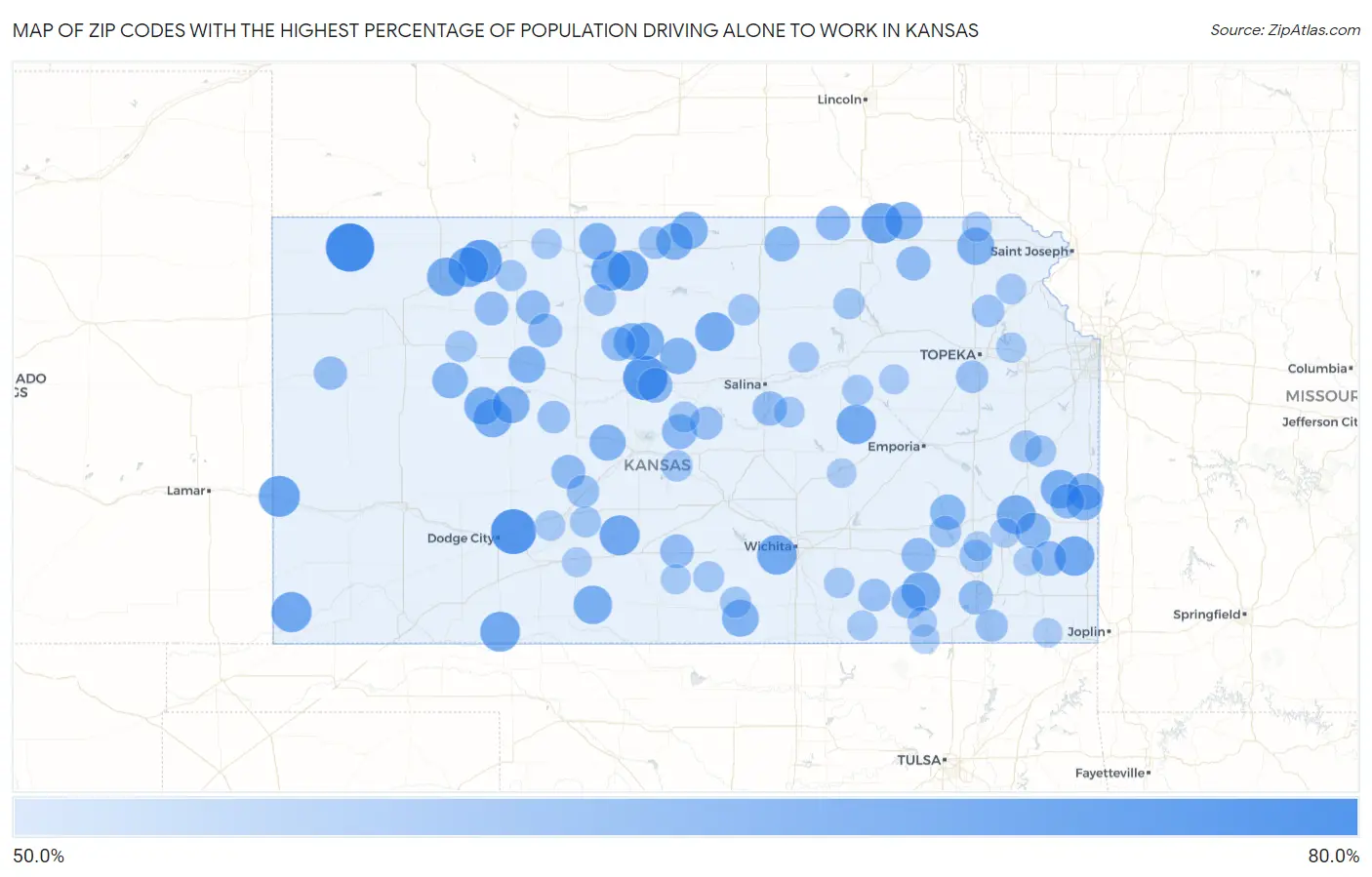 Zip Codes with the Highest Percentage of Population Driving Alone to Work in Kansas Map