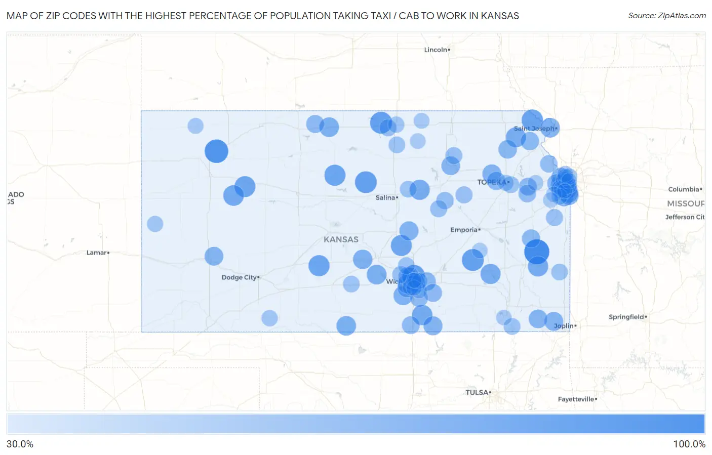 Zip Codes with the Highest Percentage of Population Taking Taxi / Cab to Work in Kansas Map