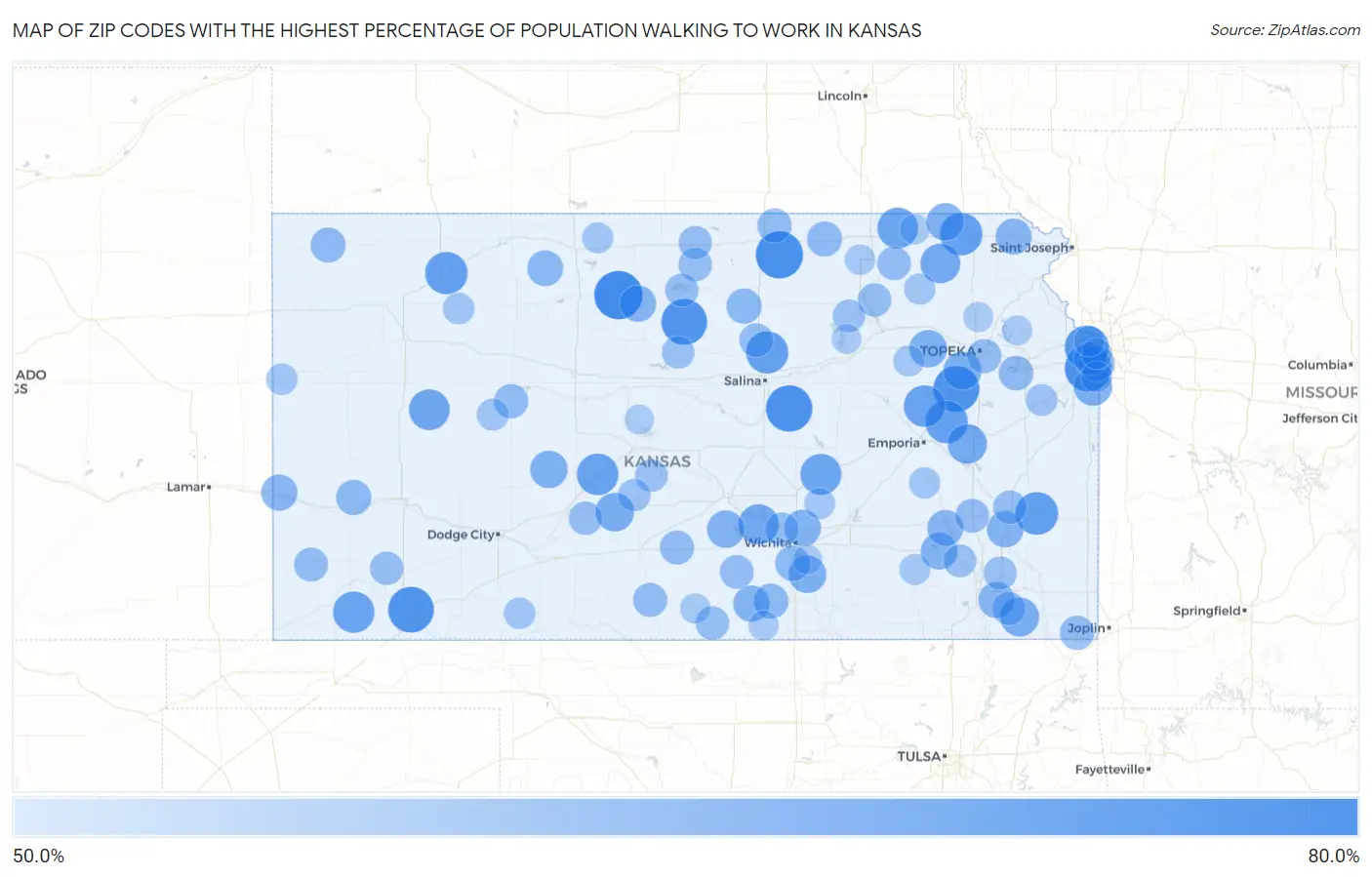 Zip Codes with the Highest Percentage of Population Walking to Work in Kansas Map