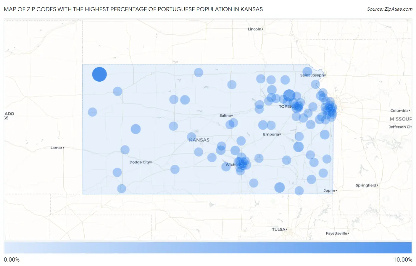 Zip Codes with the Highest Percentage of Portuguese Population in Kansas Map