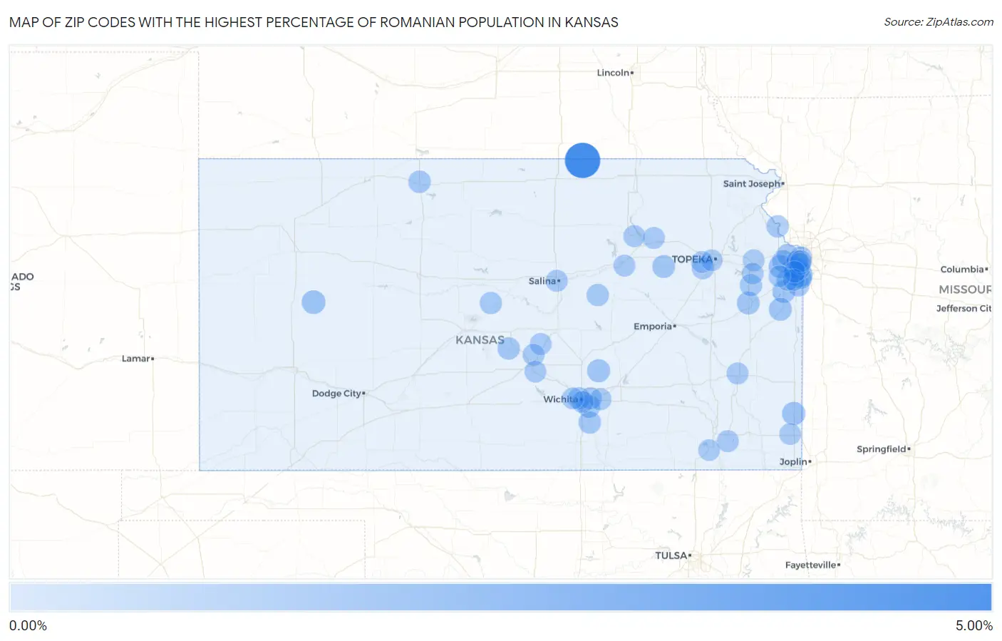 Zip Codes with the Highest Percentage of Romanian Population in Kansas Map