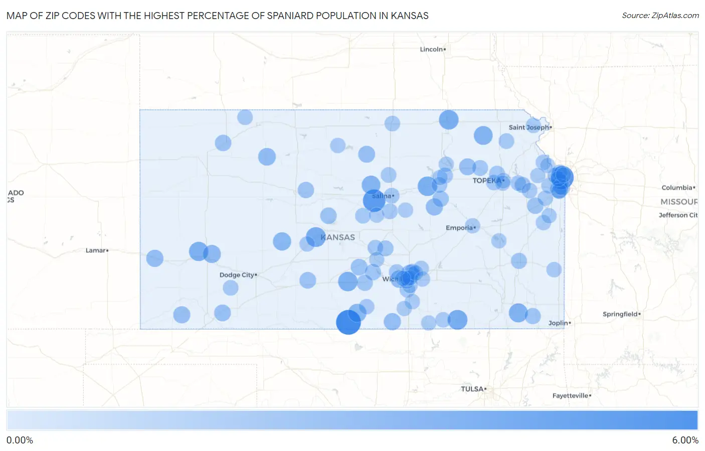 Zip Codes with the Highest Percentage of Spaniard Population in Kansas Map