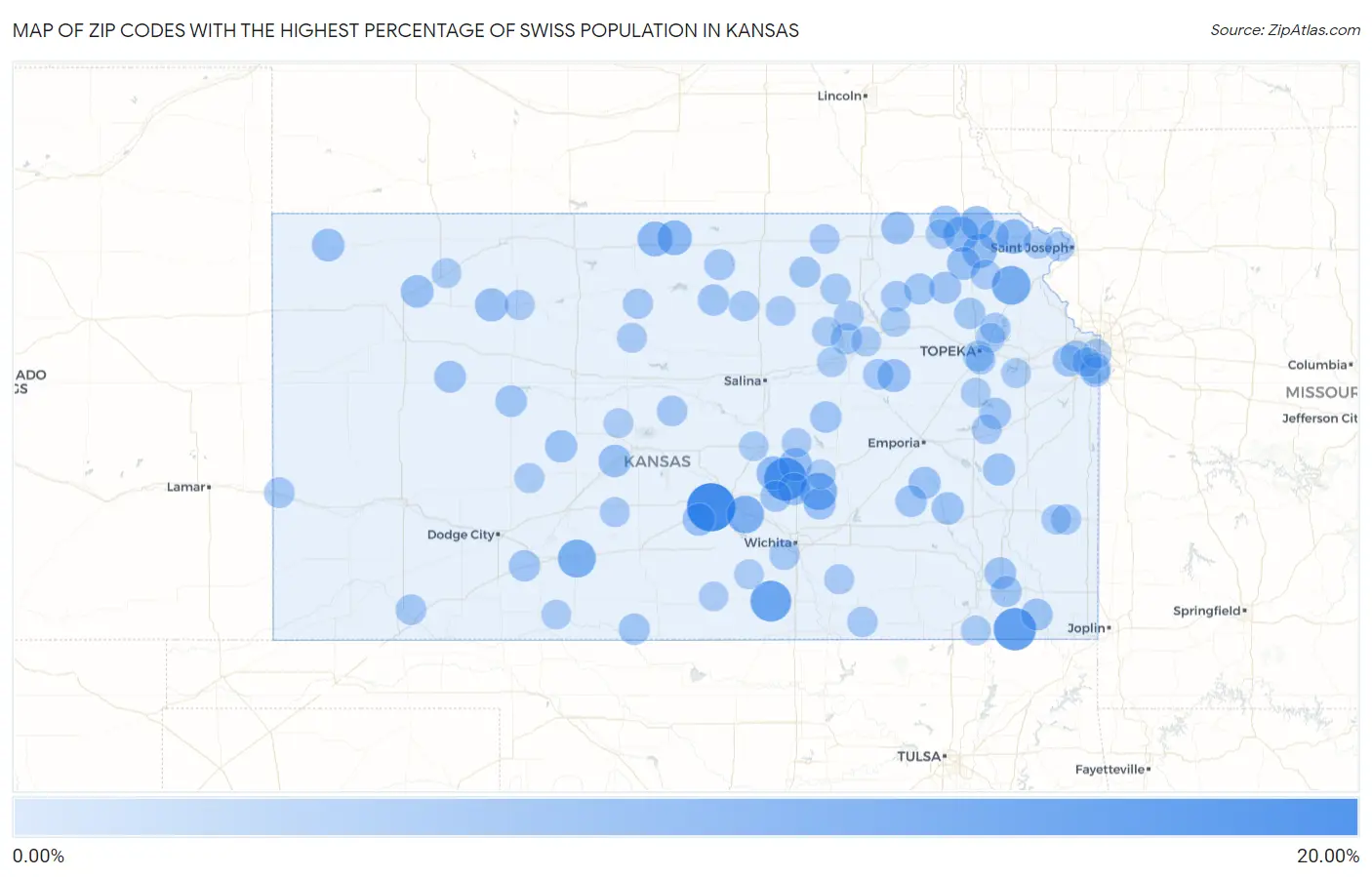 Zip Codes with the Highest Percentage of Swiss Population in Kansas Map