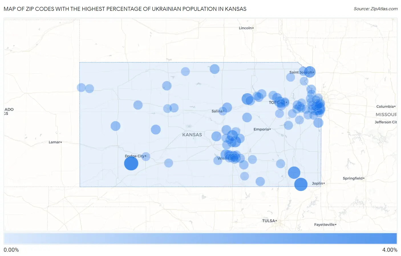 Zip Codes with the Highest Percentage of Ukrainian Population in Kansas Map