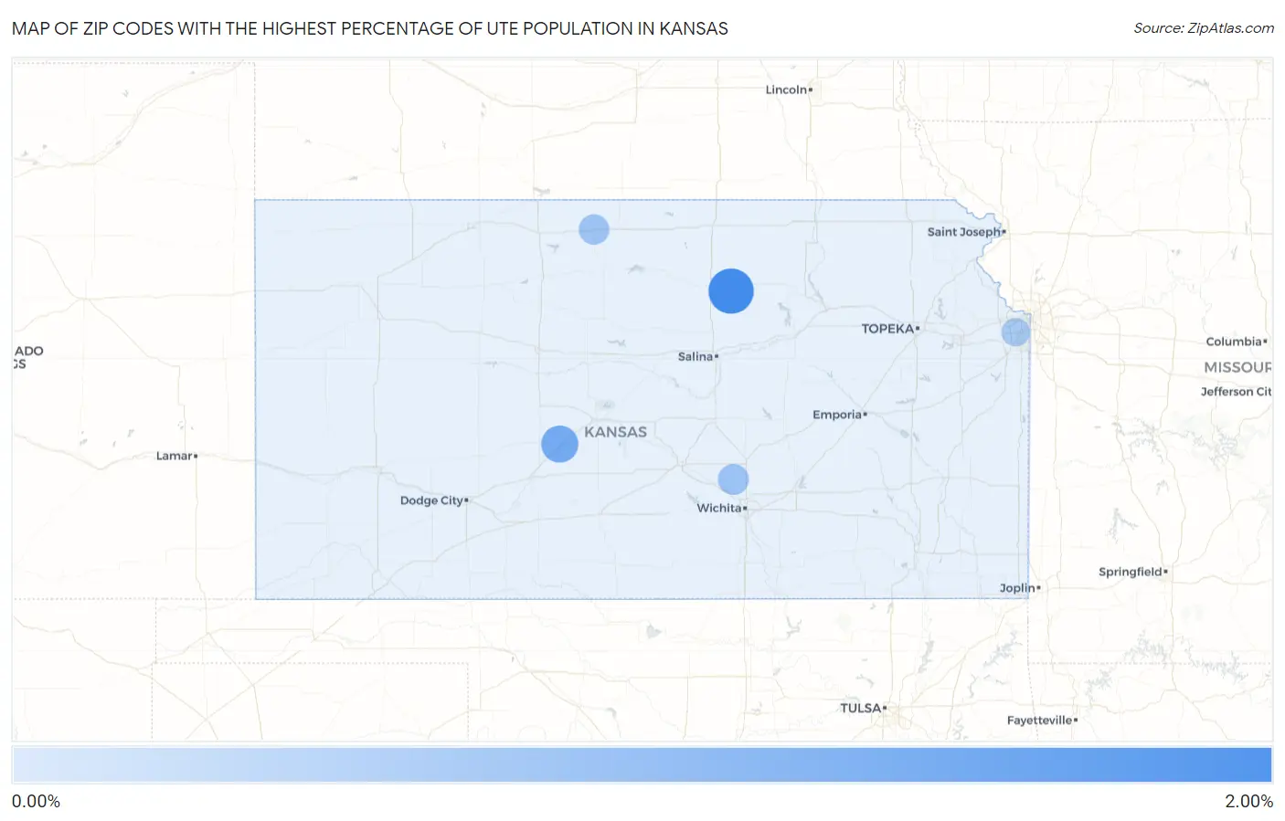 Zip Codes with the Highest Percentage of Ute Population in Kansas Map