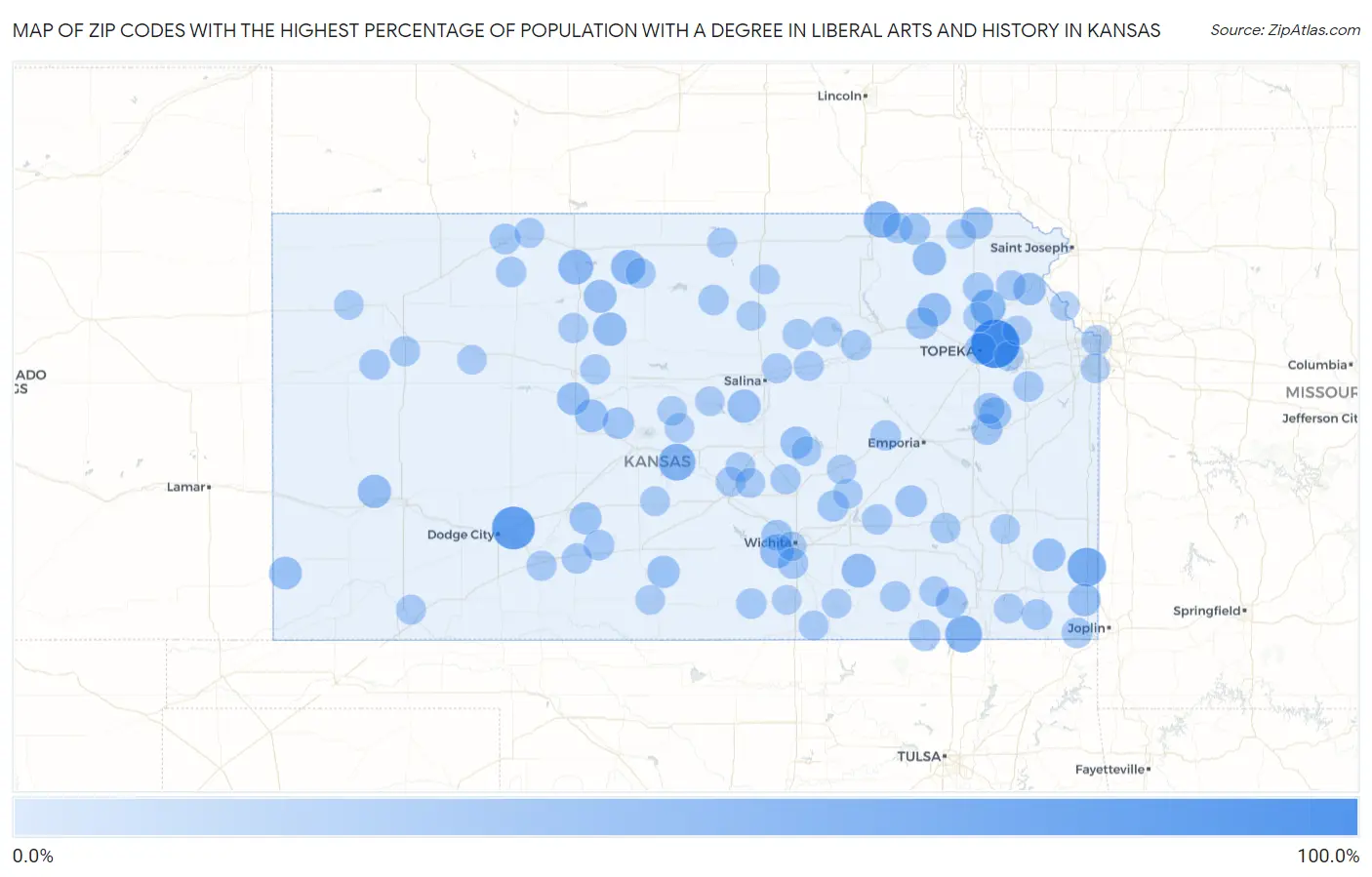 Zip Codes with the Highest Percentage of Population with a Degree in Liberal Arts and History in Kansas Map
