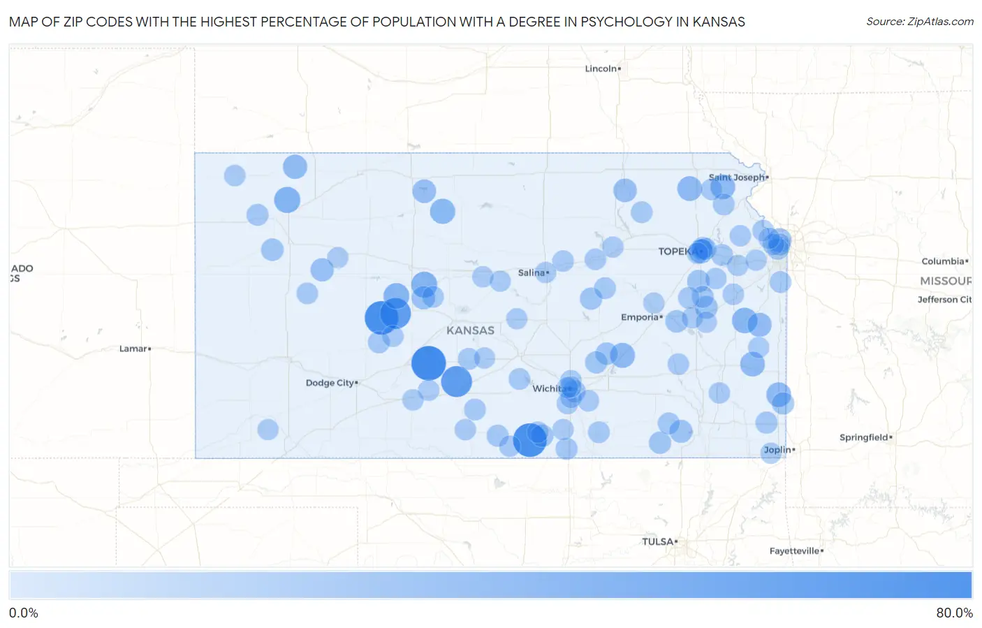 Zip Codes with the Highest Percentage of Population with a Degree in Psychology in Kansas Map