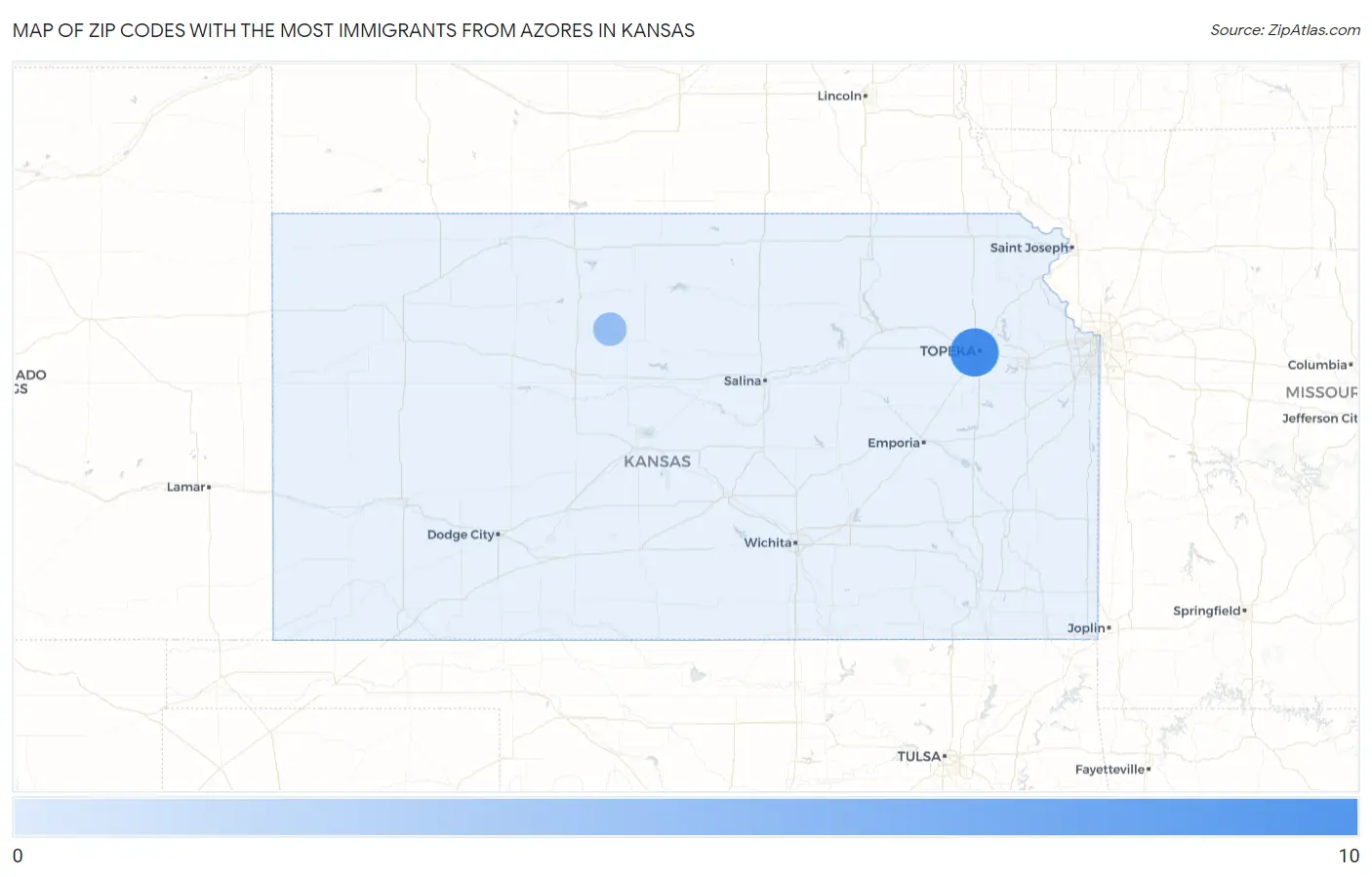 Zip Codes with the Most Immigrants from Azores in Kansas Map