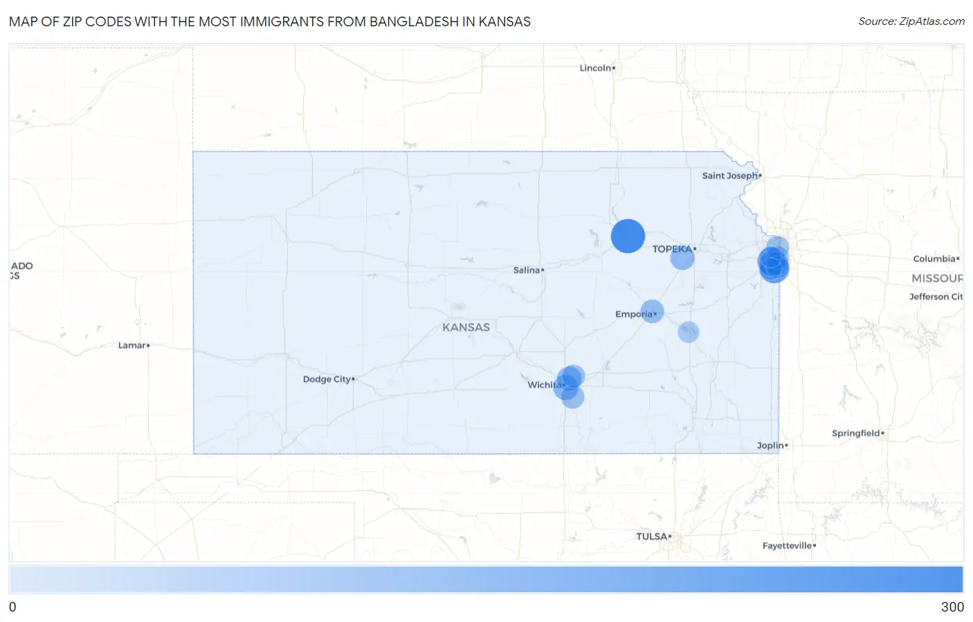 Zip Codes with the Most Immigrants from Bangladesh in Kansas Map