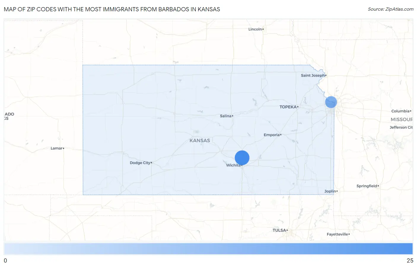 Zip Codes with the Most Immigrants from Barbados in Kansas Map