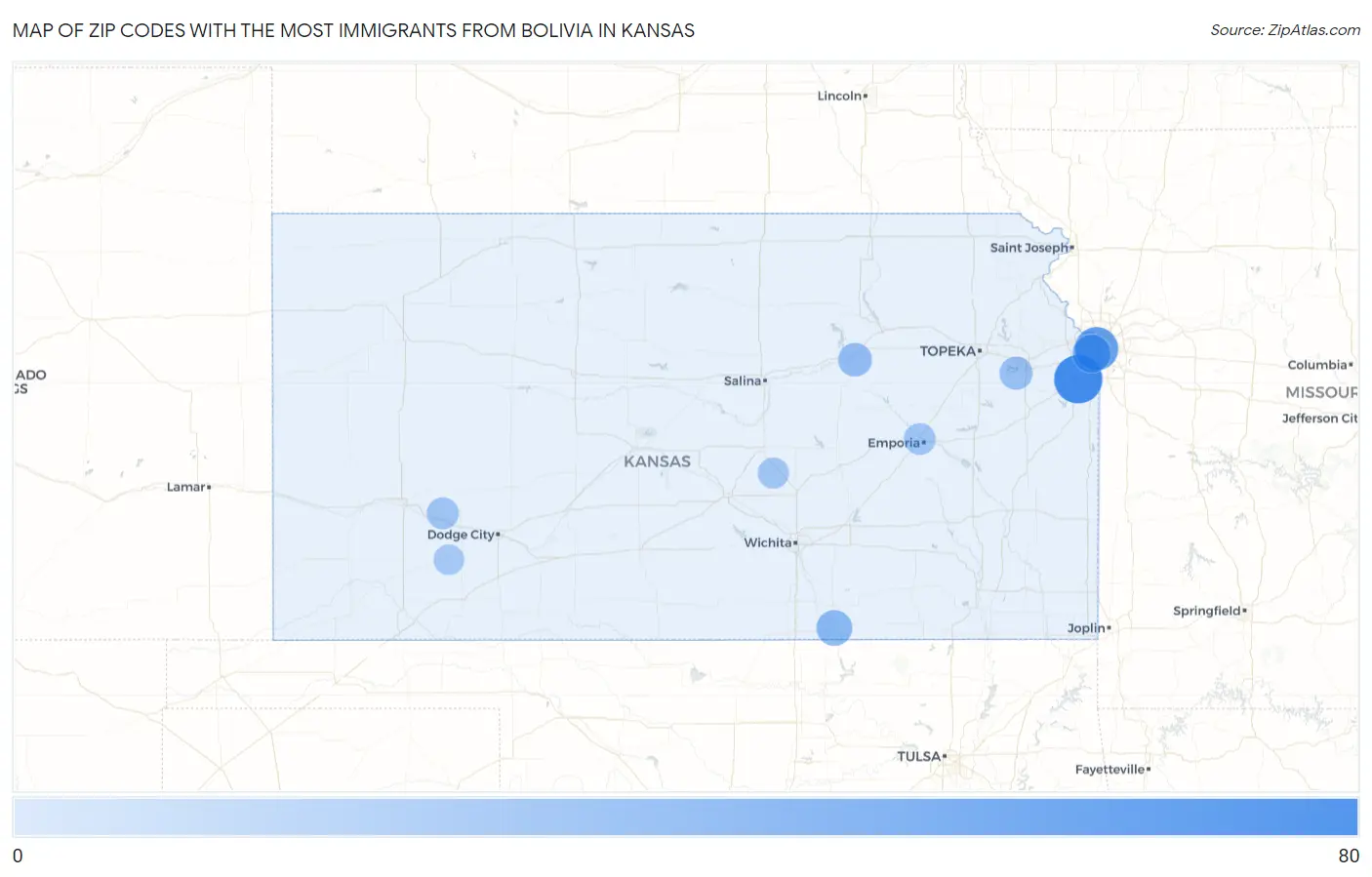 Zip Codes with the Most Immigrants from Bolivia in Kansas Map