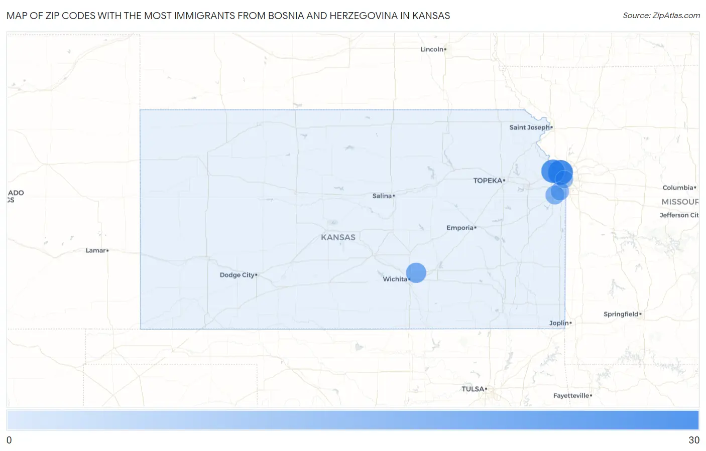 Zip Codes with the Most Immigrants from Bosnia and Herzegovina in Kansas Map
