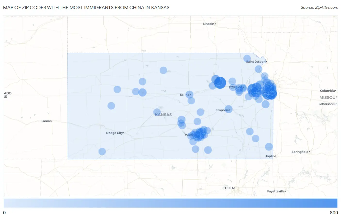 Zip Codes with the Most Immigrants from China in Kansas Map