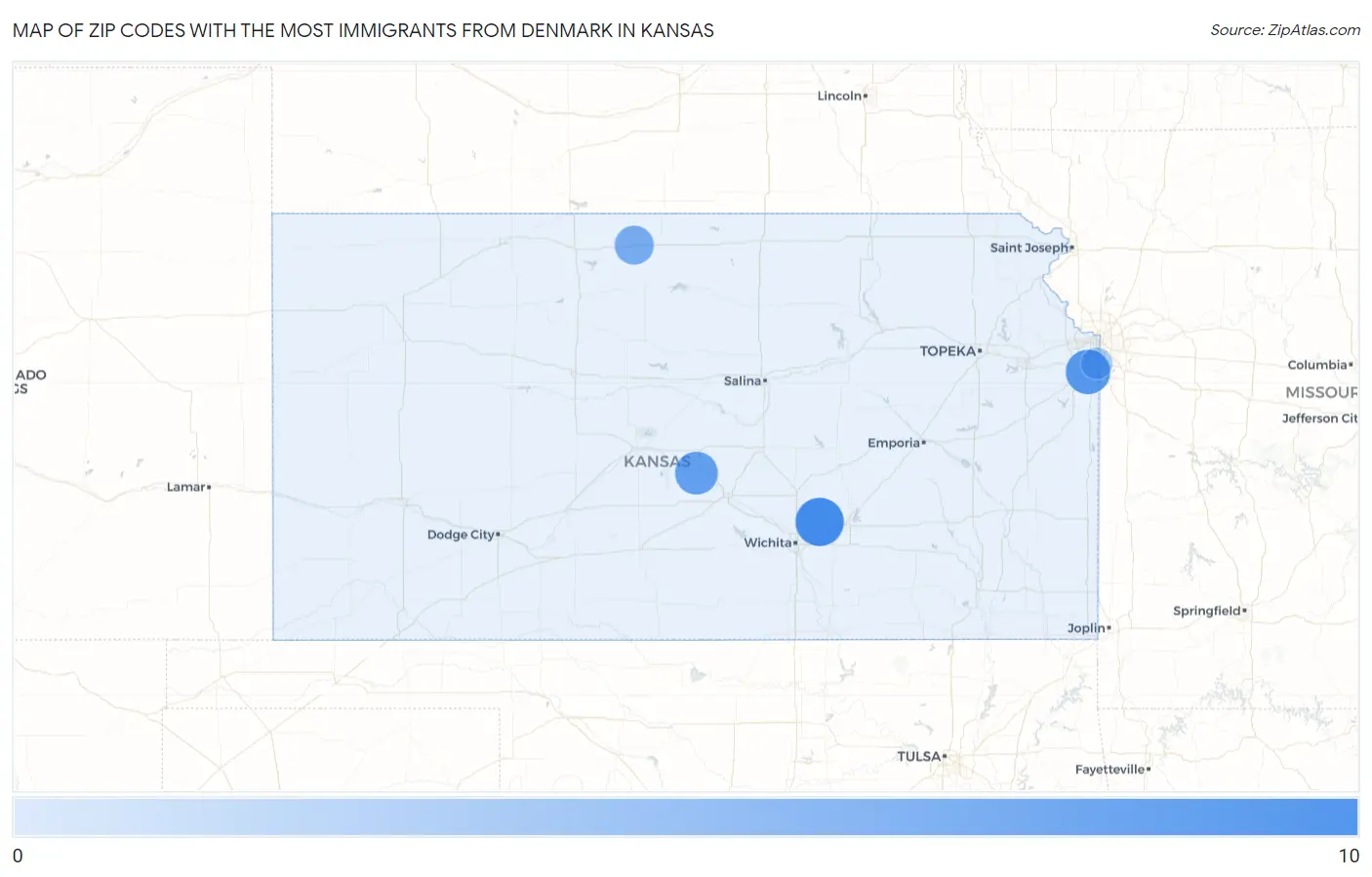 Zip Codes with the Most Immigrants from Denmark in Kansas Map