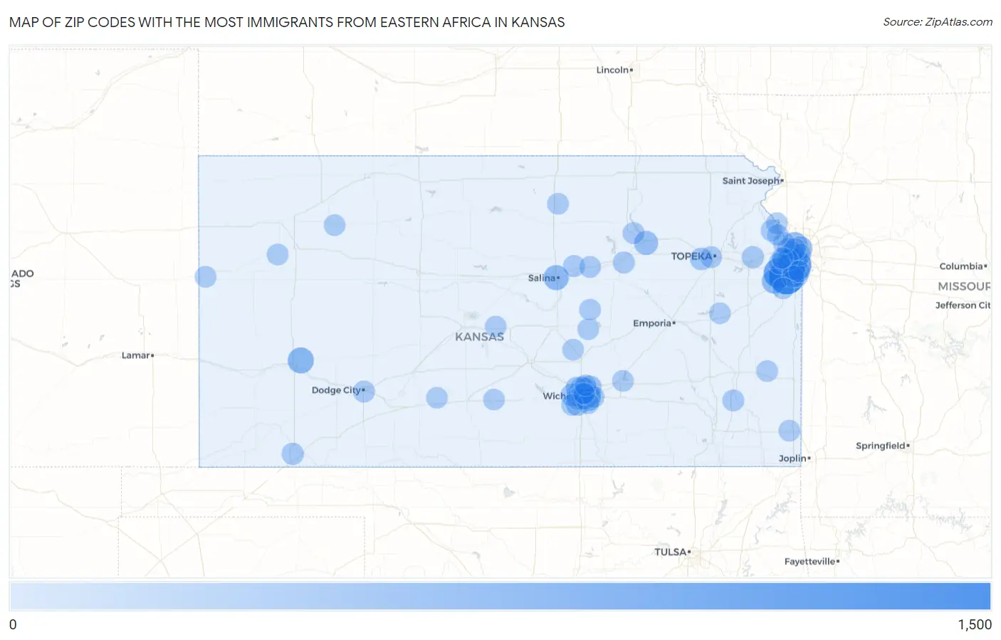Zip Codes with the Most Immigrants from Eastern Africa in Kansas Map