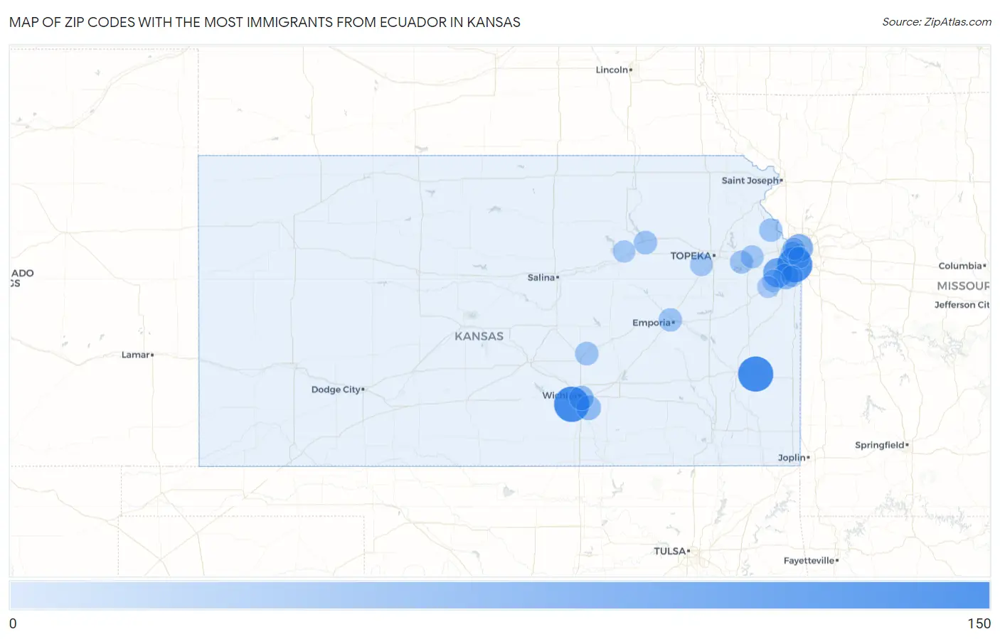 Zip Codes with the Most Immigrants from Ecuador in Kansas Map