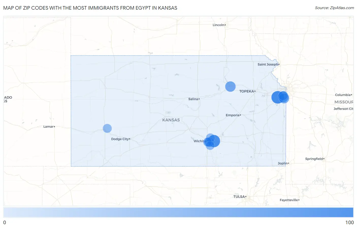 Zip Codes with the Most Immigrants from Egypt in Kansas Map