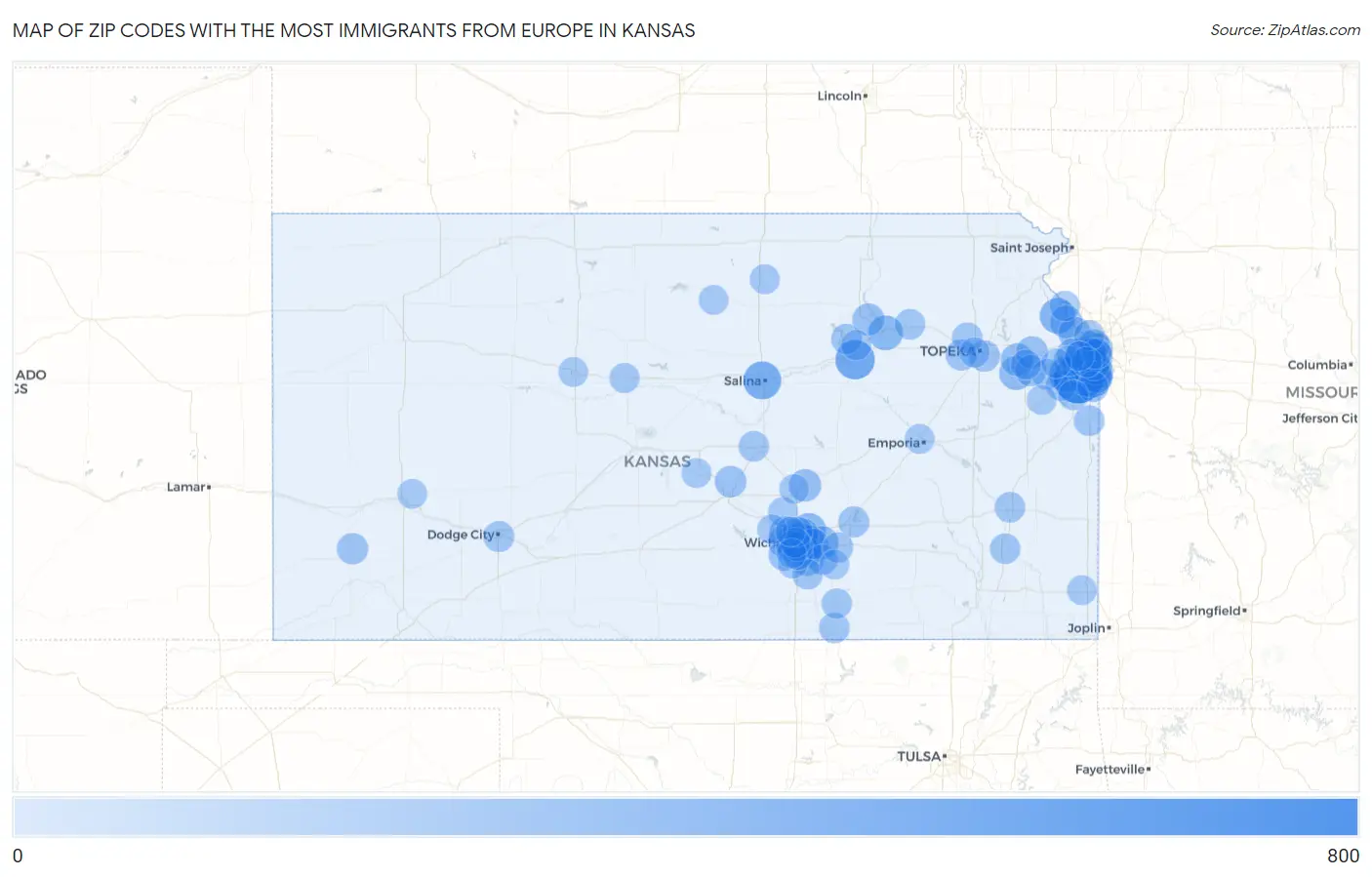 Zip Codes with the Most Immigrants from Europe in Kansas Map