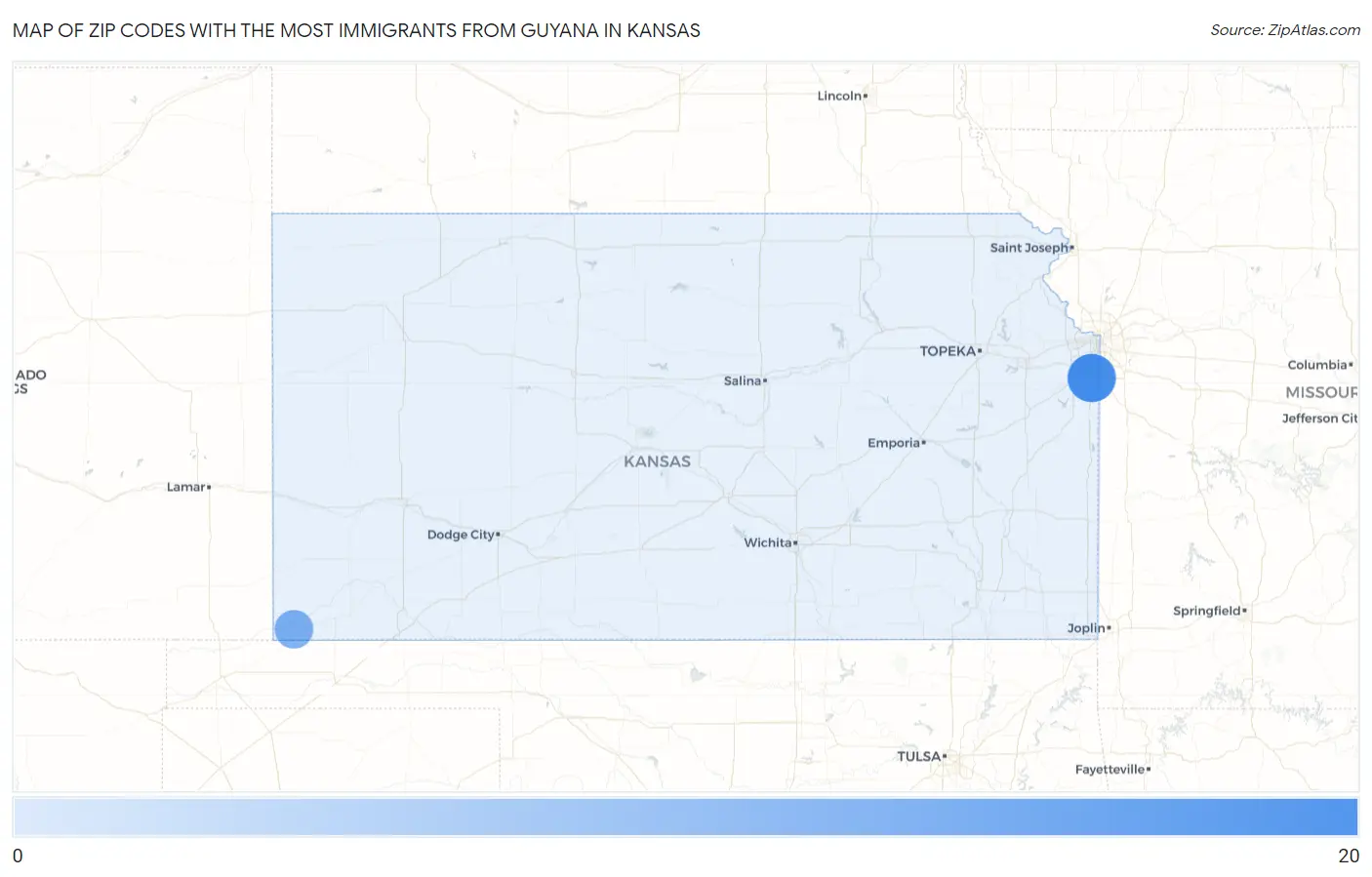 Zip Codes with the Most Immigrants from Guyana in Kansas Map