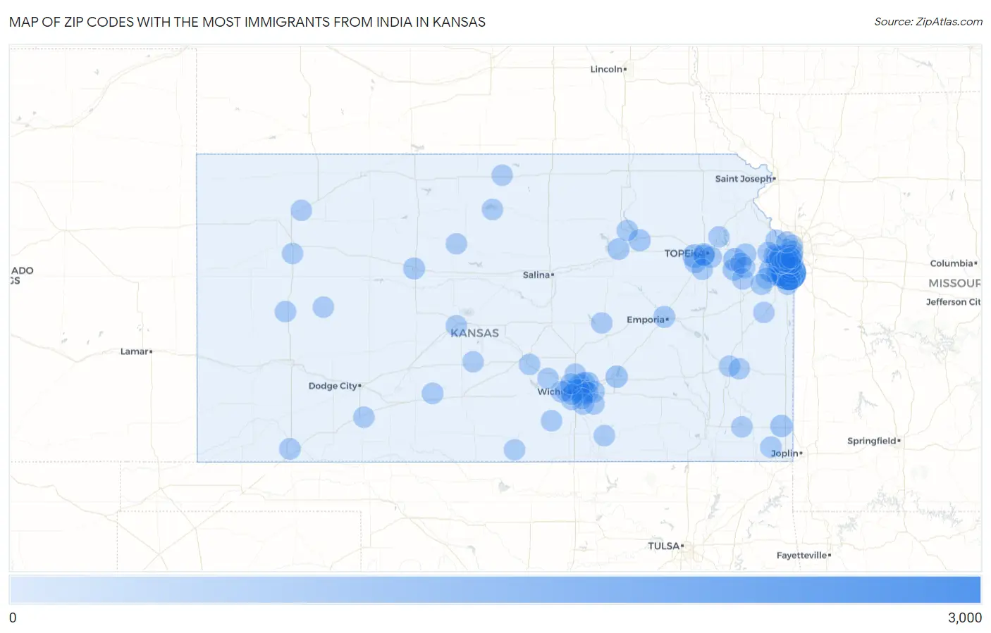 Zip Codes with the Most Immigrants from India in Kansas Map
