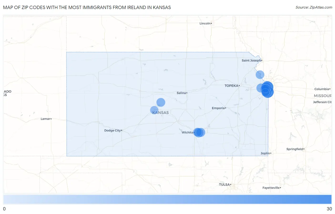 Zip Codes with the Most Immigrants from Ireland in Kansas Map