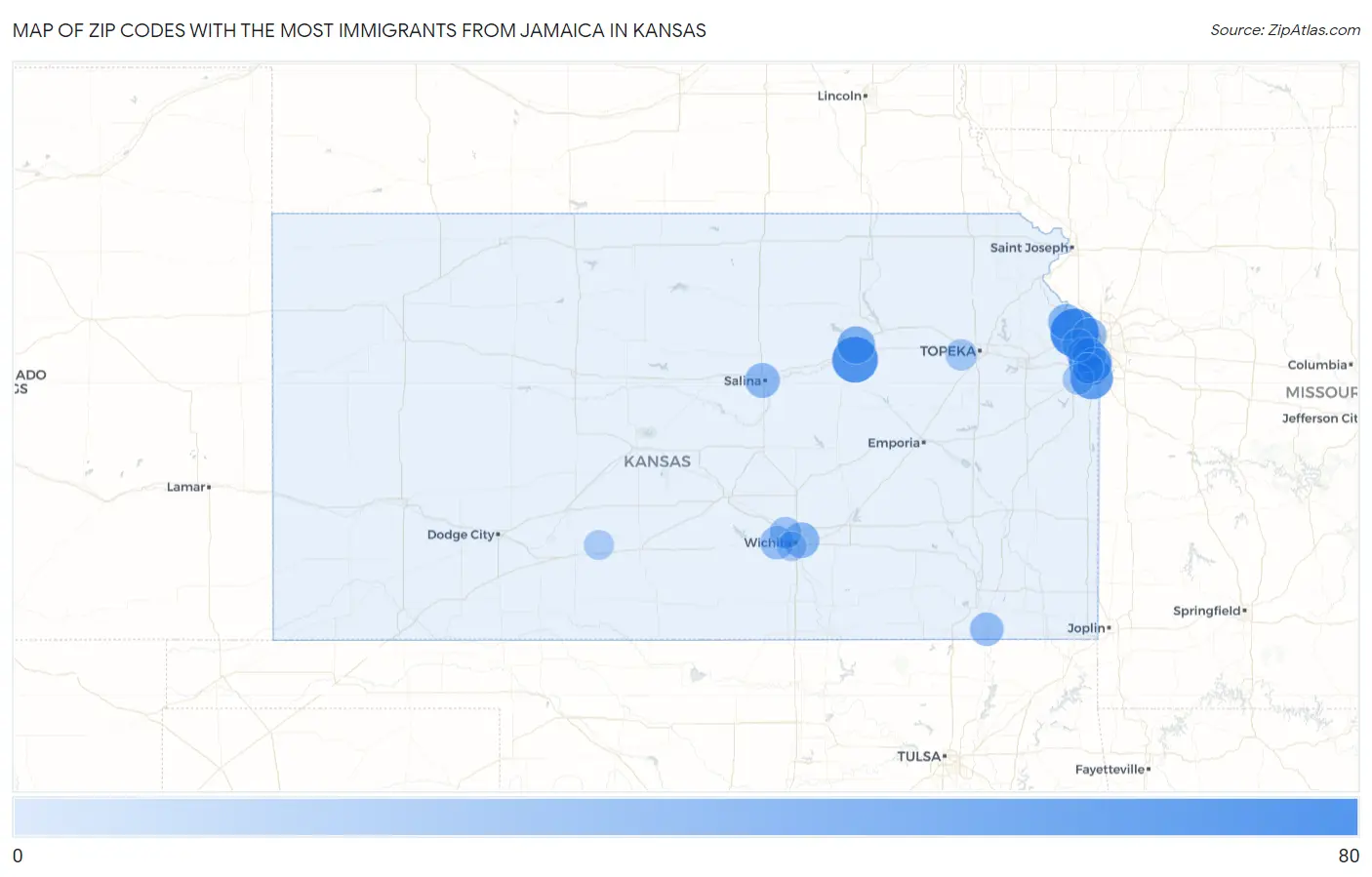 Zip Codes with the Most Immigrants from Jamaica in Kansas Map