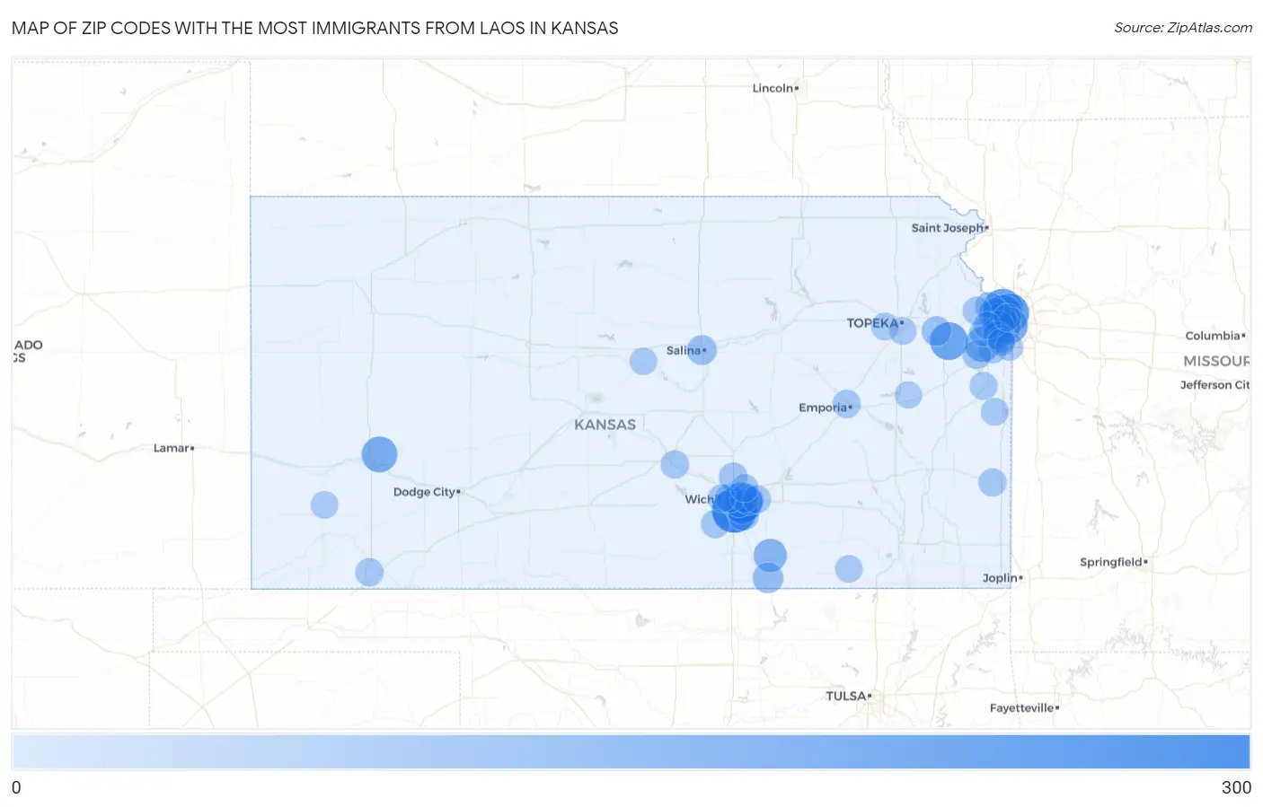 Zip Codes with the Most Immigrants from Laos in Kansas Map