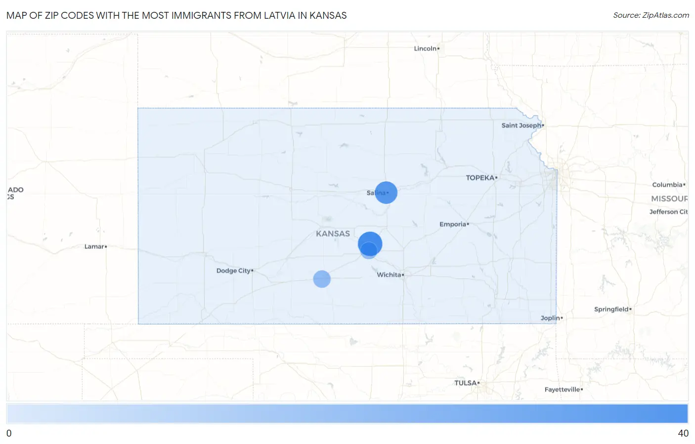 Zip Codes with the Most Immigrants from Latvia in Kansas Map