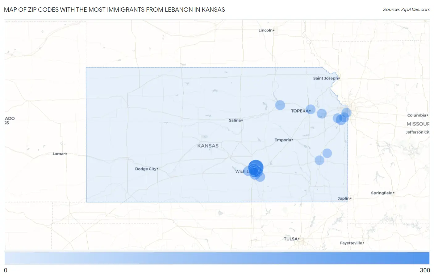 Zip Codes with the Most Immigrants from Lebanon in Kansas Map