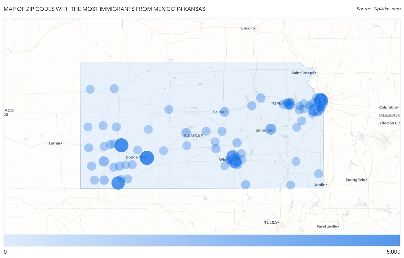 Zip Codes with the Most Immigrants from Mexico in Kansas Map