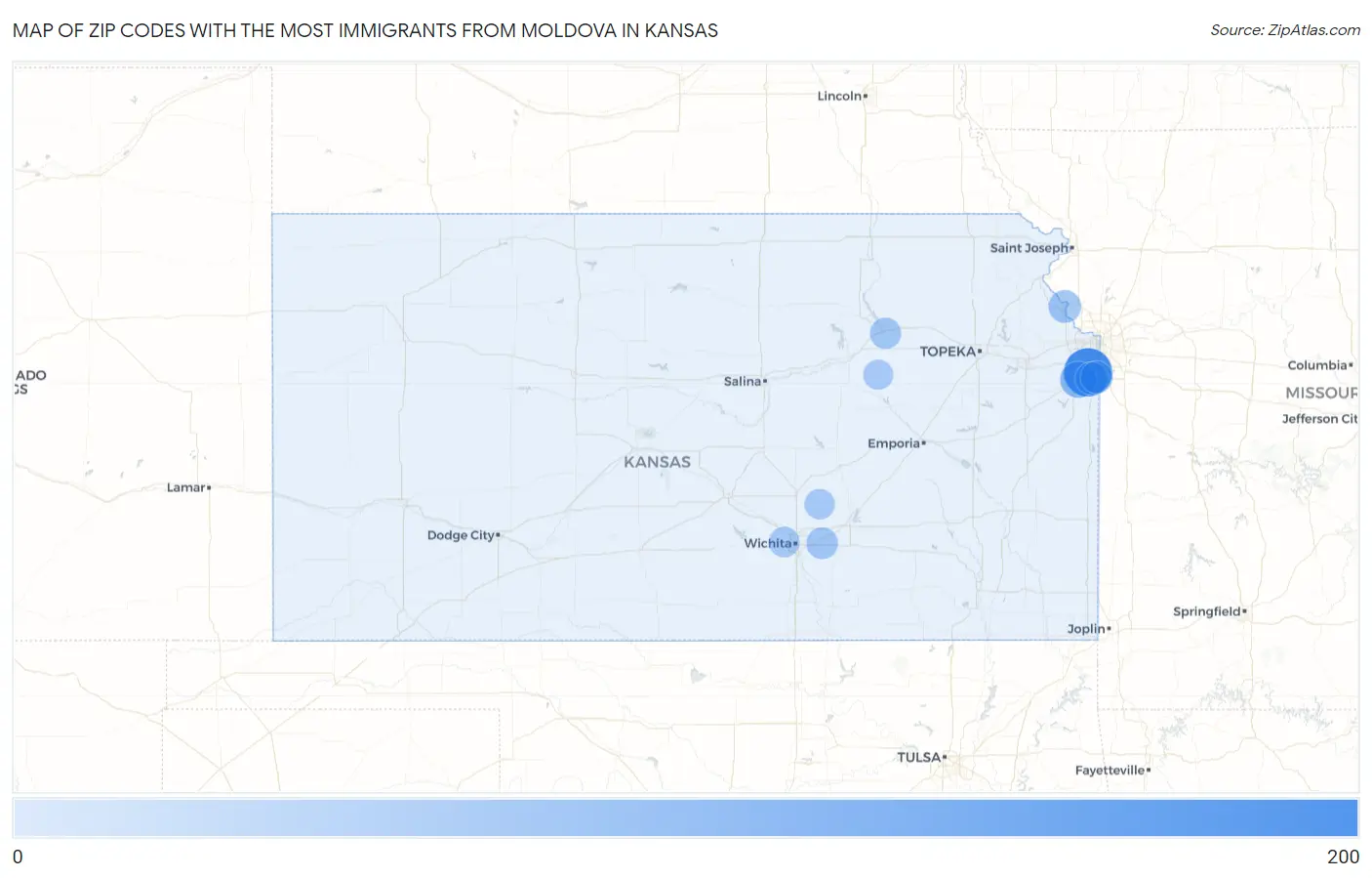 Zip Codes with the Most Immigrants from Moldova in Kansas Map