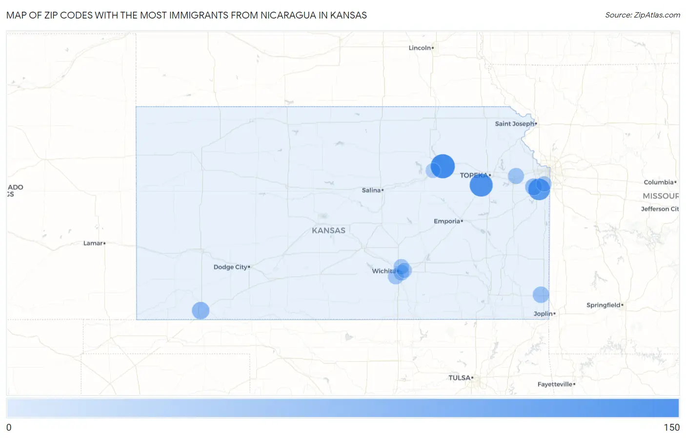 Zip Codes with the Most Immigrants from Nicaragua in Kansas Map