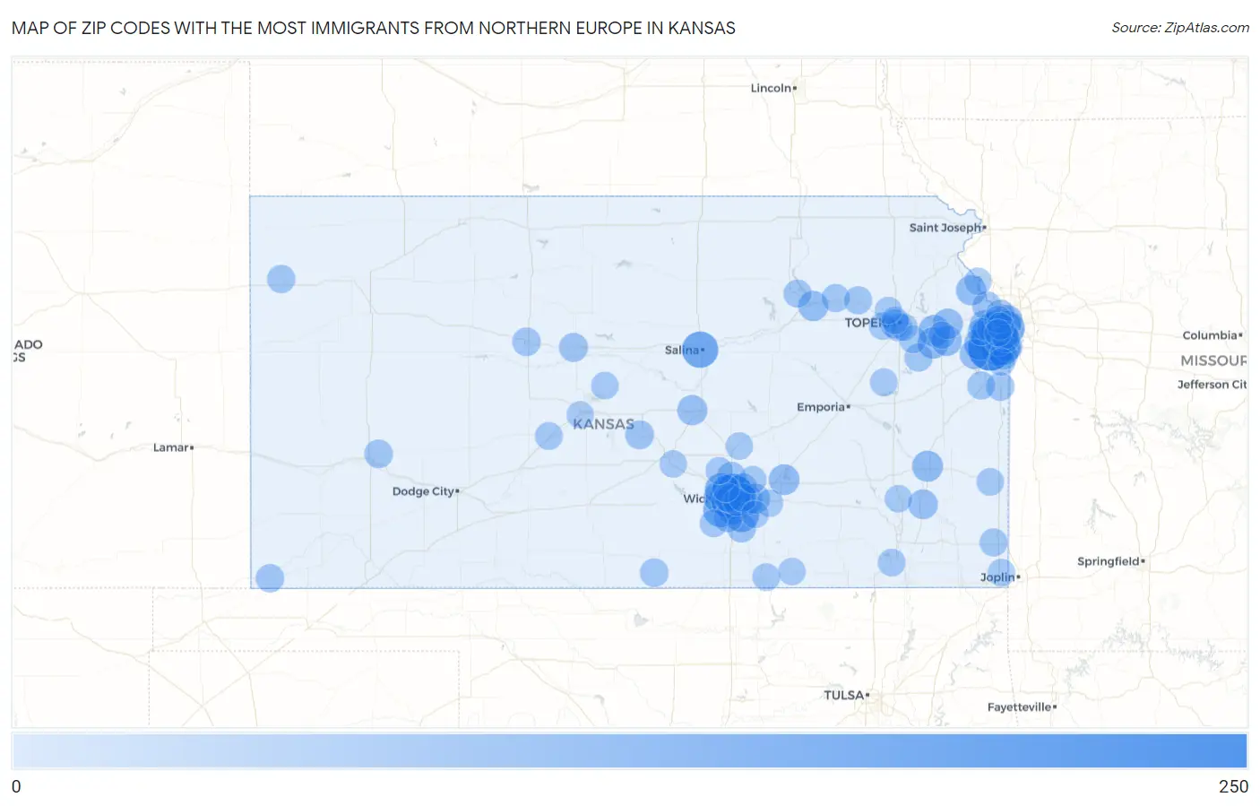 Zip Codes with the Most Immigrants from Northern Europe in Kansas Map