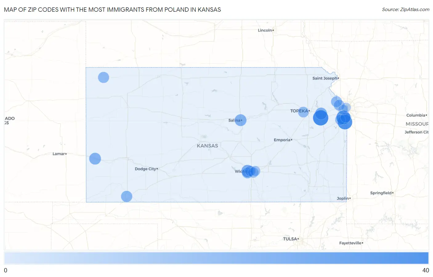 Zip Codes with the Most Immigrants from Poland in Kansas Map