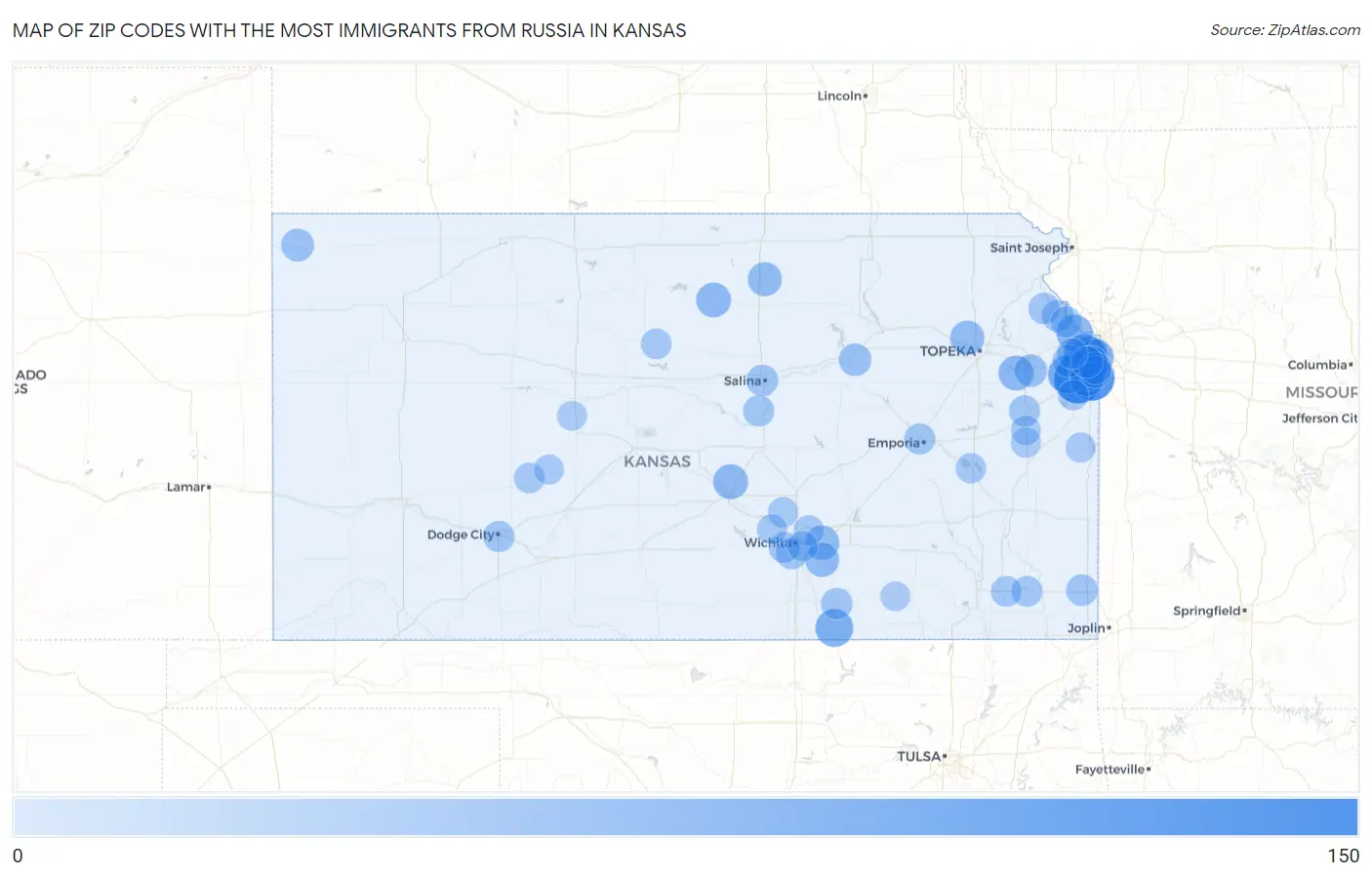 Zip Codes with the Most Immigrants from Russia in Kansas Map