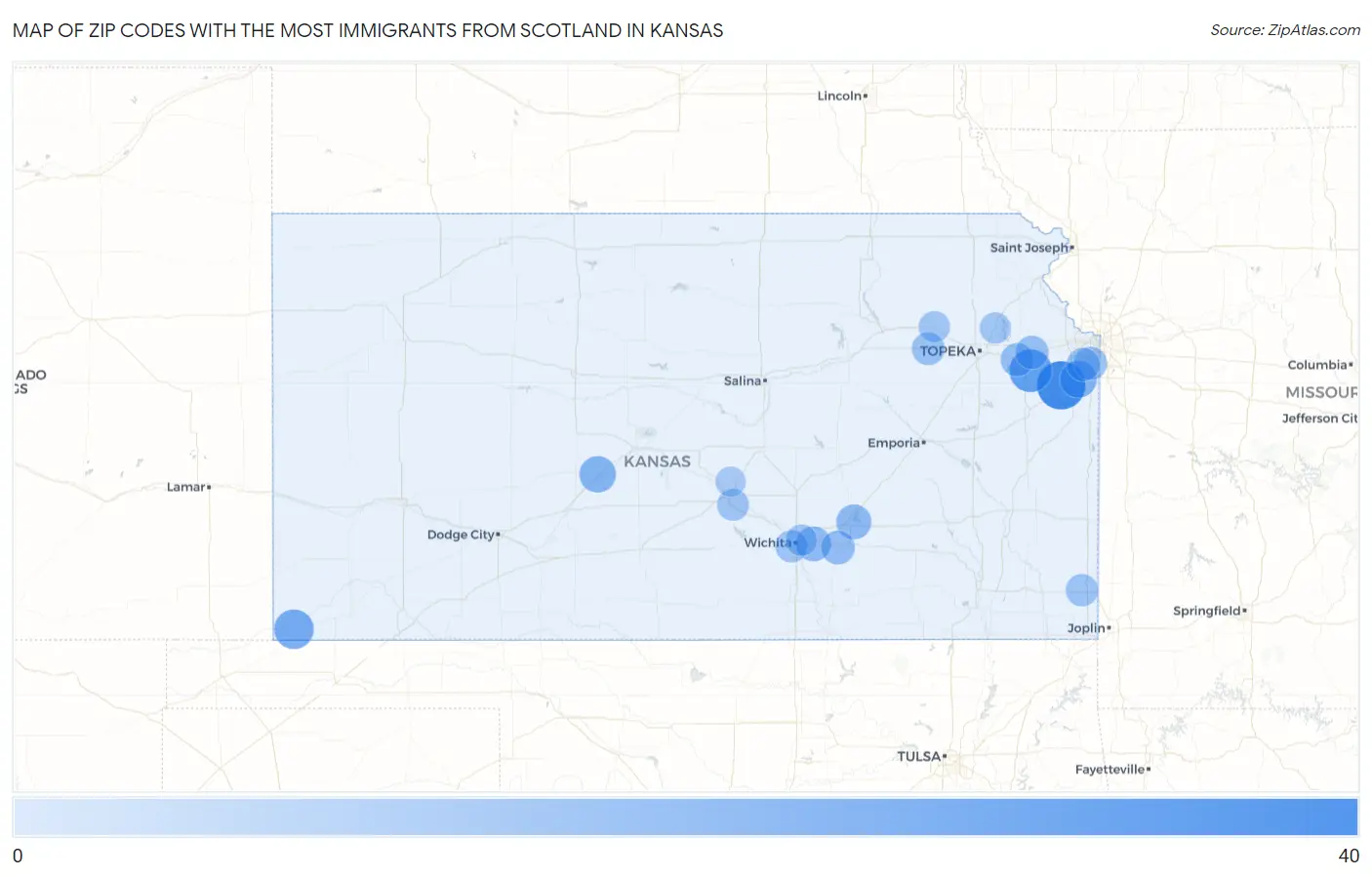 Zip Codes with the Most Immigrants from Scotland in Kansas Map