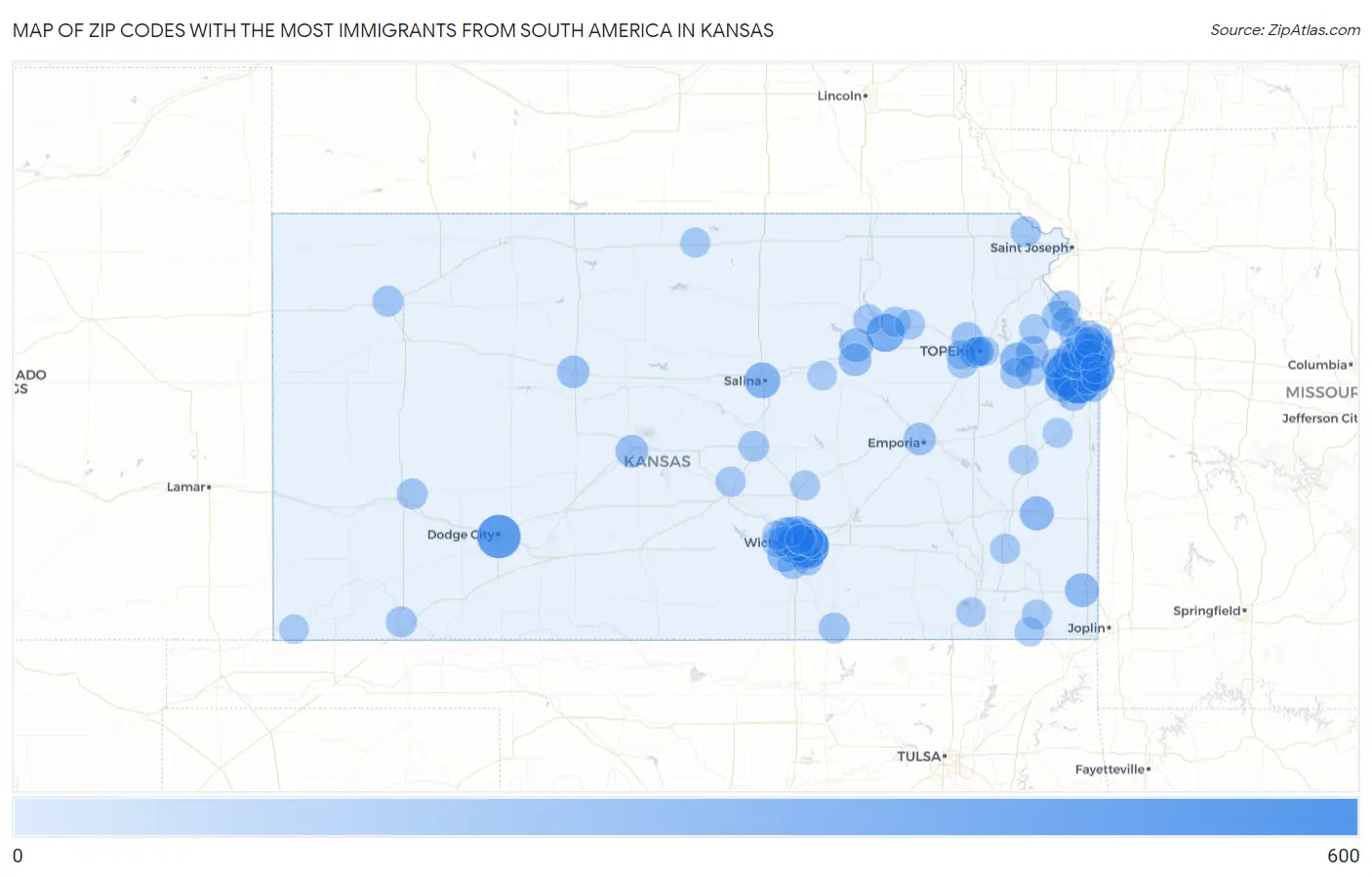 Zip Codes with the Most Immigrants from South America in Kansas Map