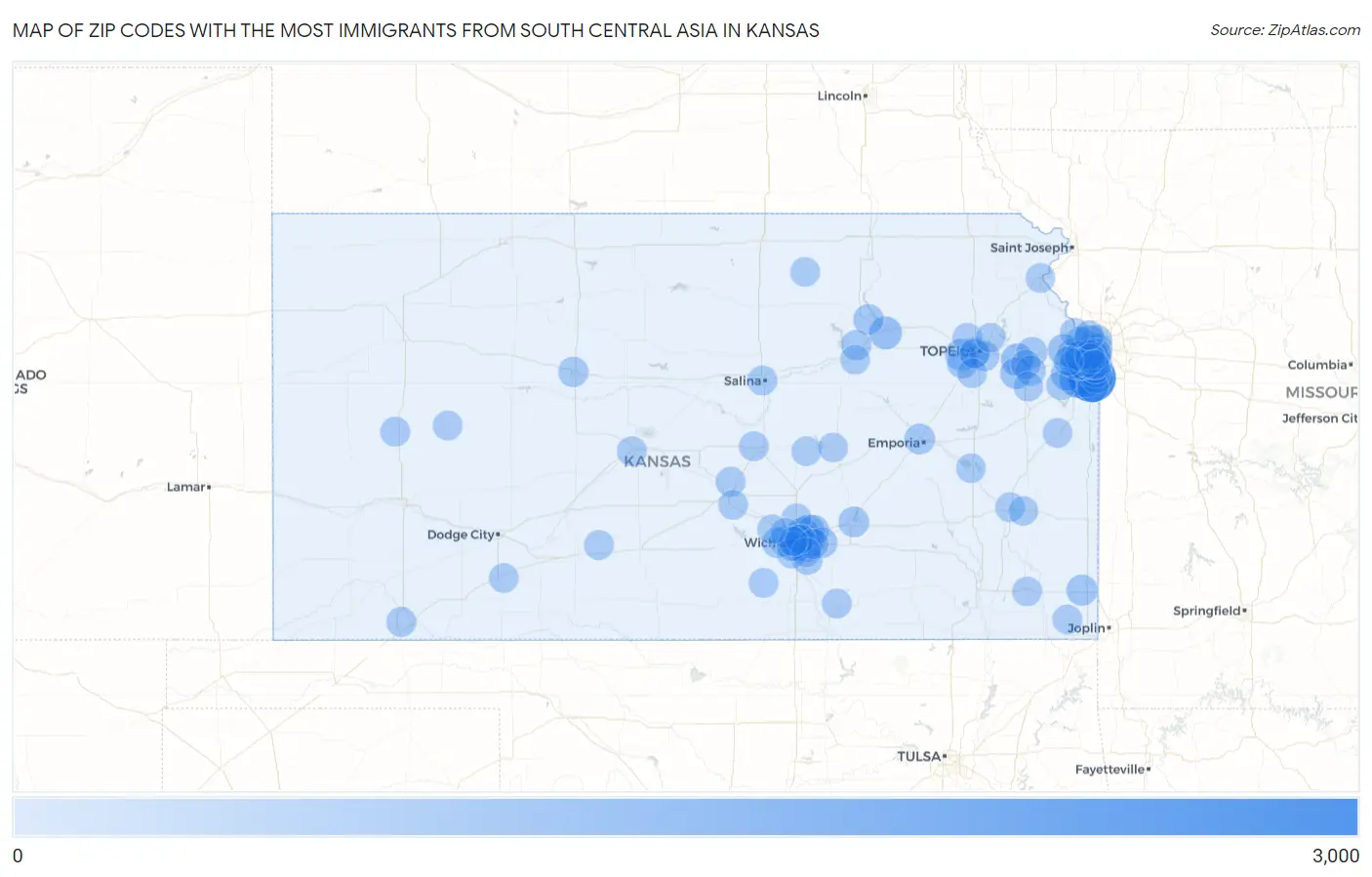 Zip Codes with the Most Immigrants from South Central Asia in Kansas Map