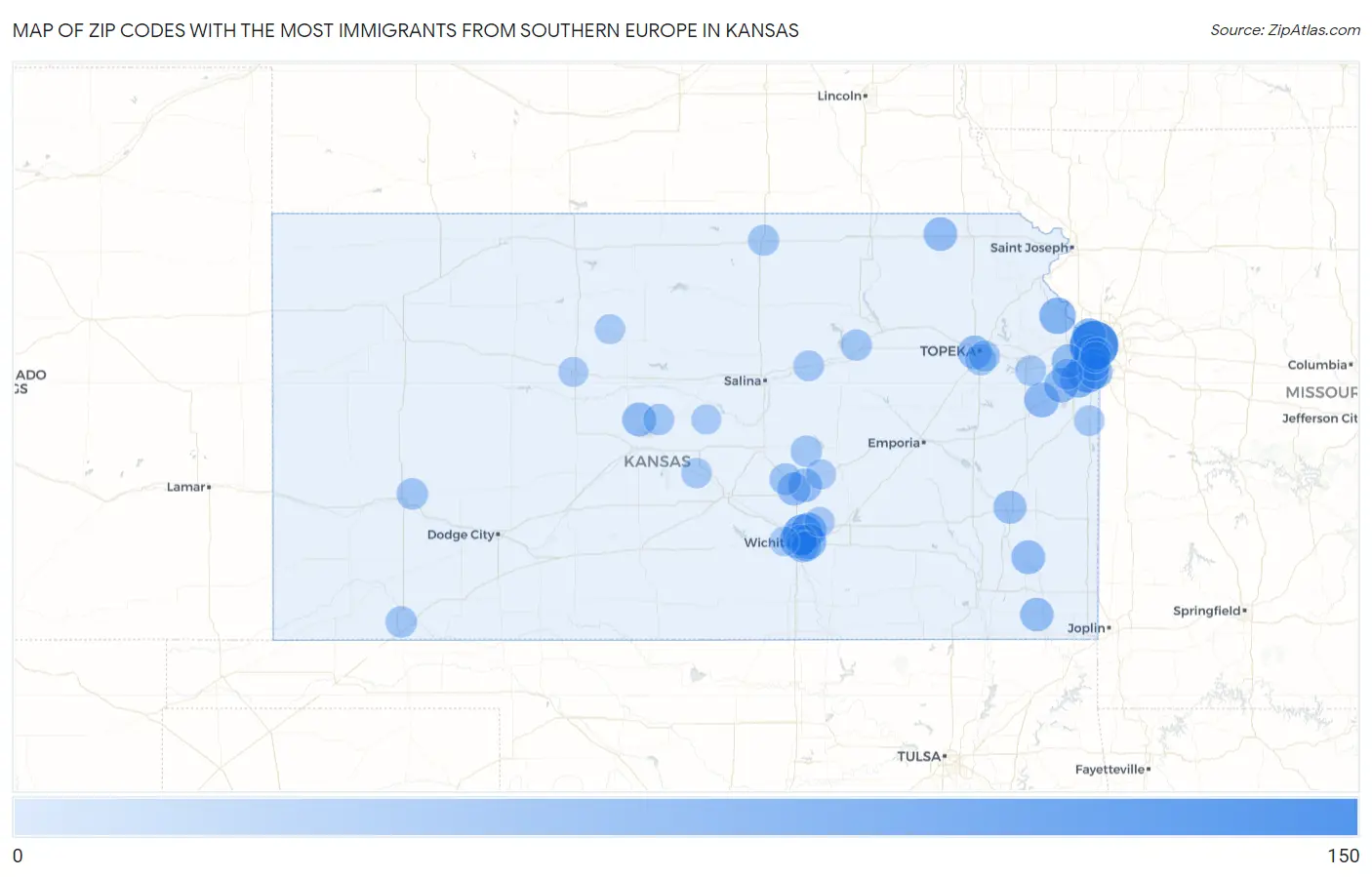 Zip Codes with the Most Immigrants from Southern Europe in Kansas Map