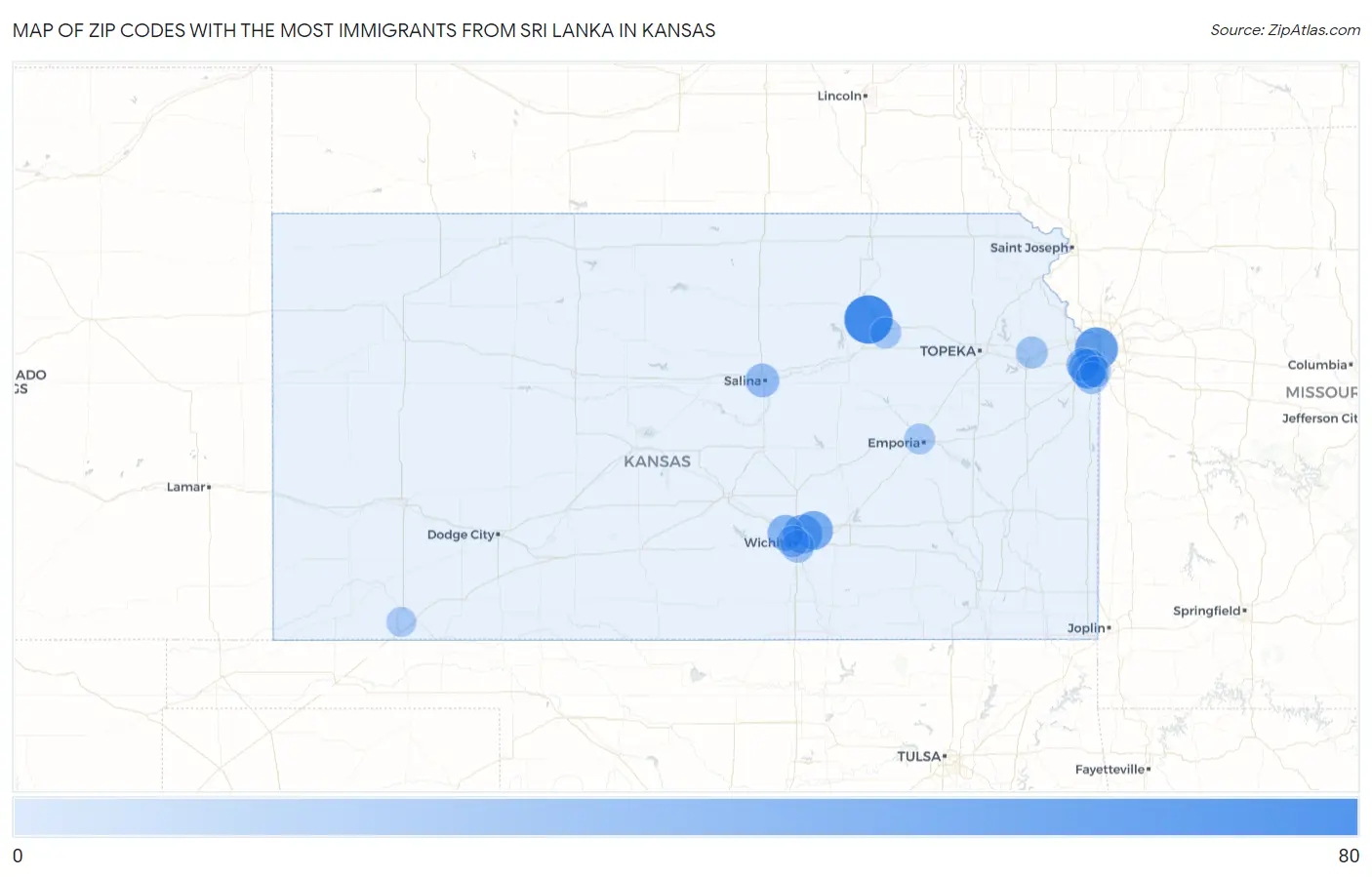 Zip Codes with the Most Immigrants from Sri Lanka in Kansas Map