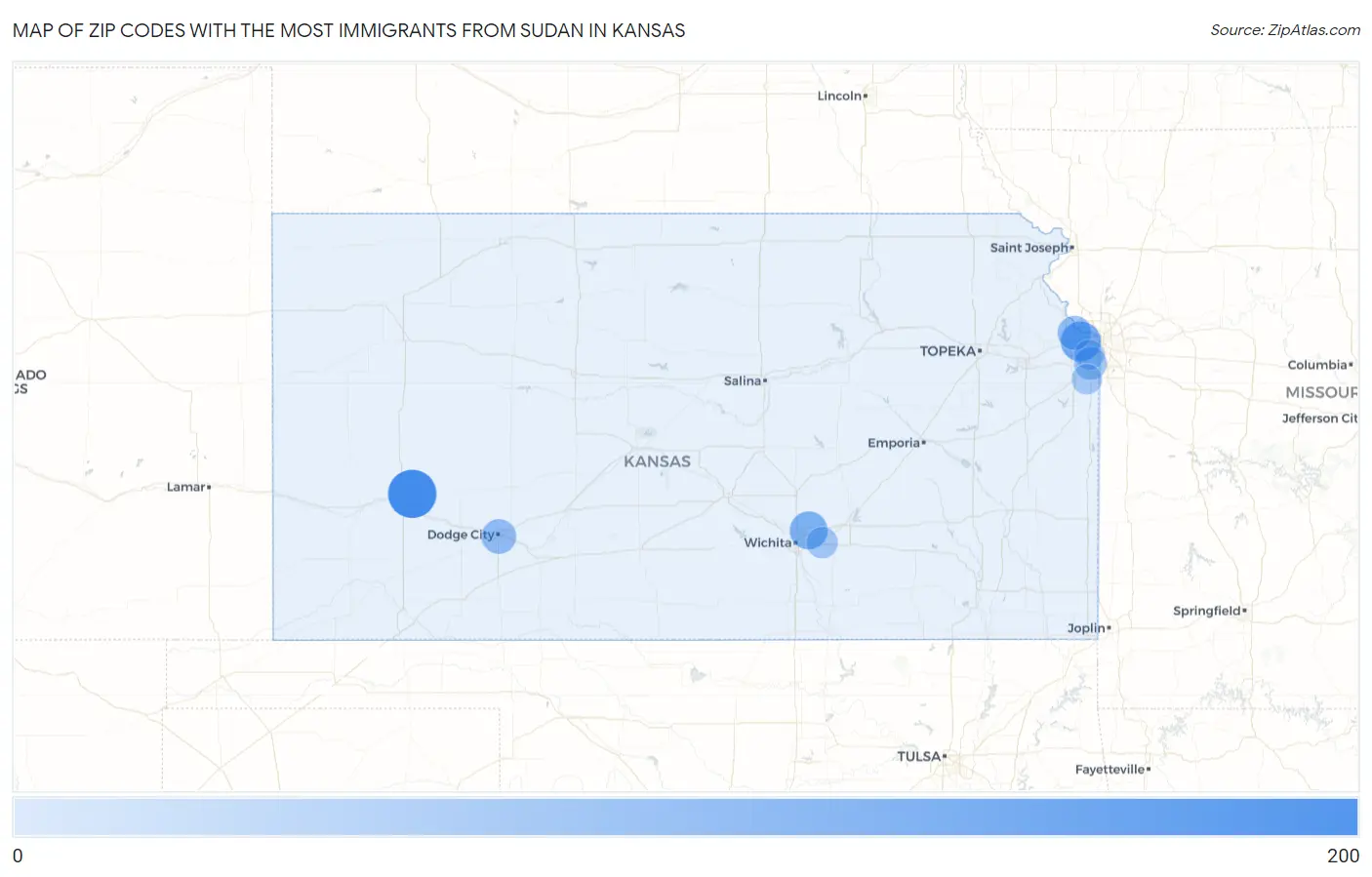 Zip Codes with the Most Immigrants from Sudan in Kansas Map
