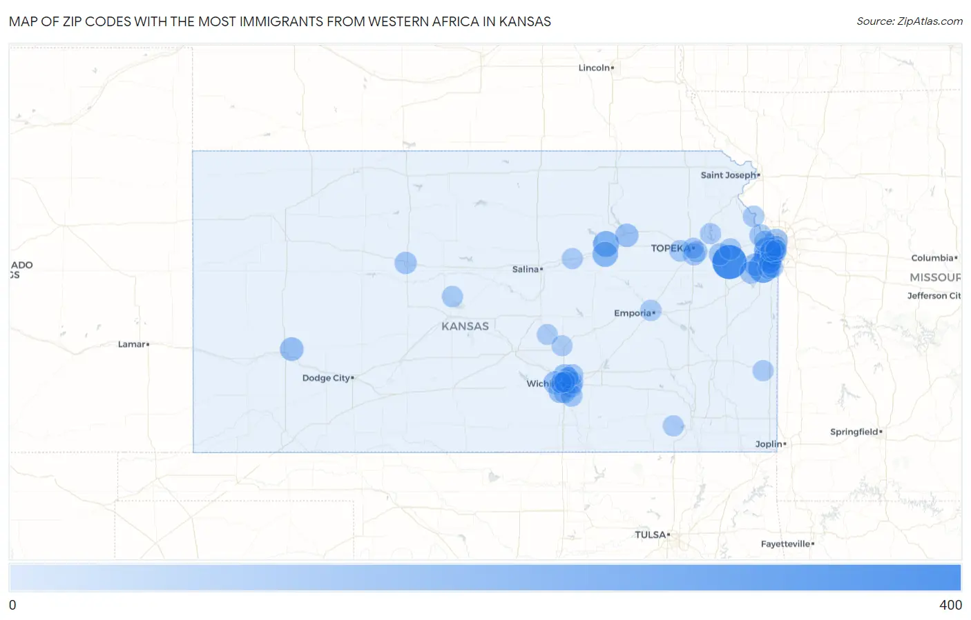 Zip Codes with the Most Immigrants from Western Africa in Kansas Map