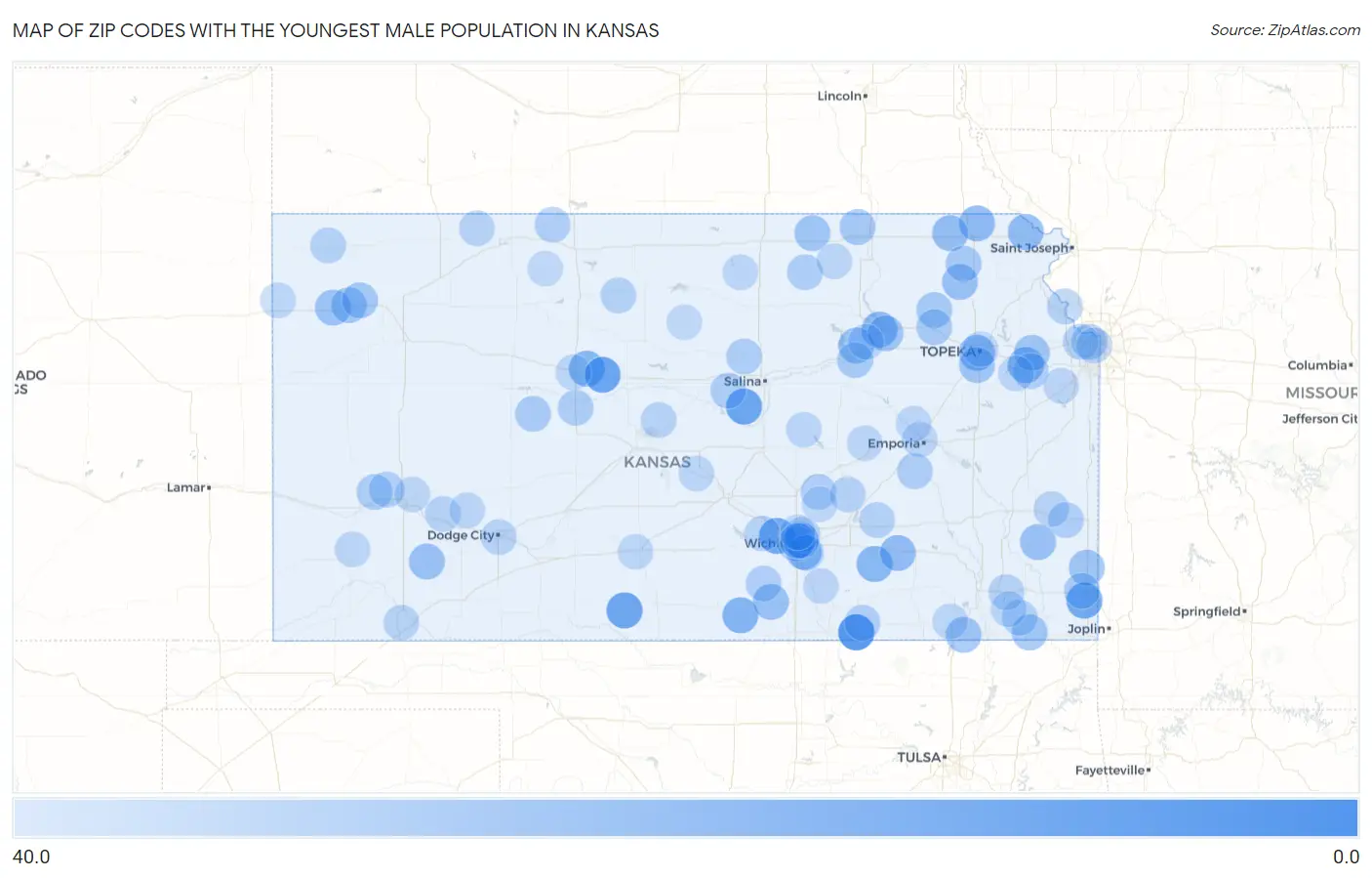 Zip Codes with the Youngest Male Population in Kansas Map