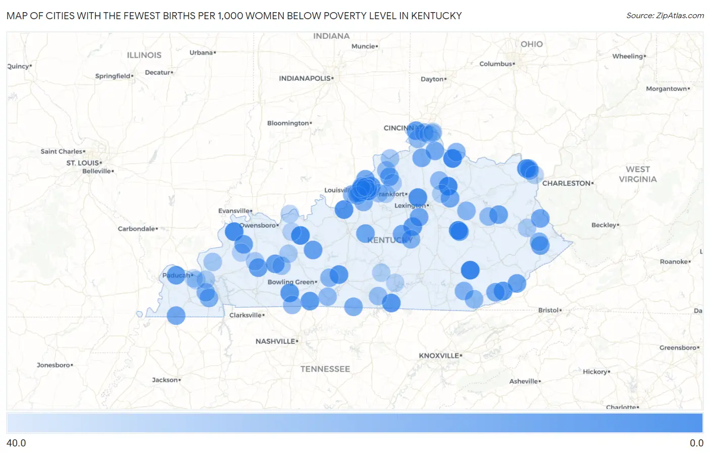 Cities with the Fewest Births per 1,000 Women Below Poverty Level in Kentucky Map