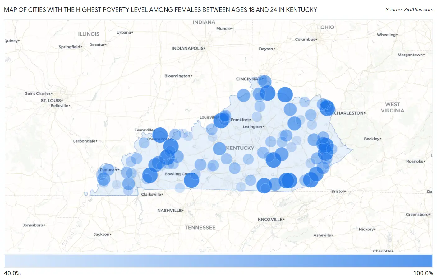 Cities with the Highest Poverty Level Among Females Between Ages 18 and 24 in Kentucky Map
