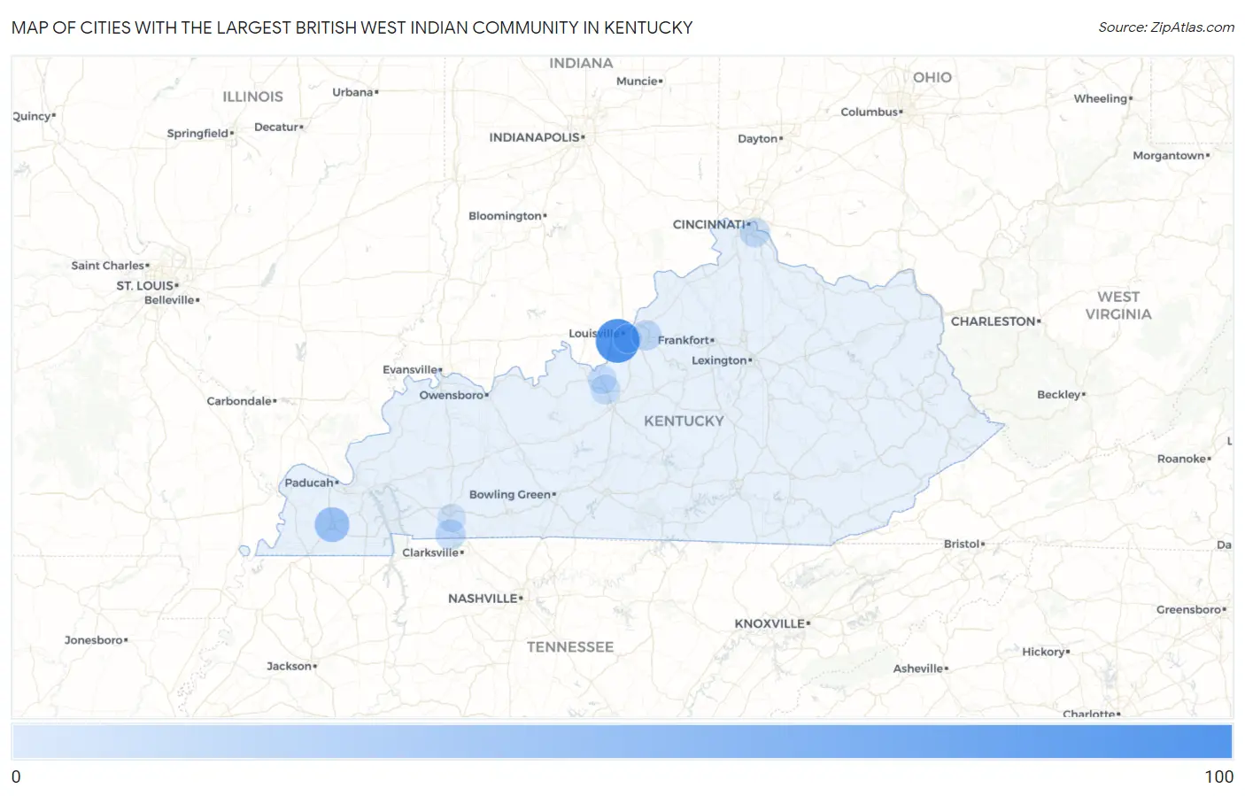 Cities with the Largest British West Indian Community in Kentucky Map