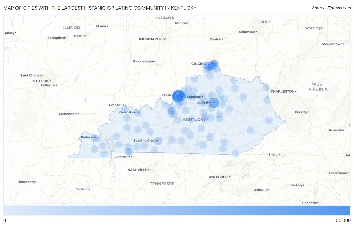 Cities with the Largest Hispanic or Latino Community in Kentucky Map