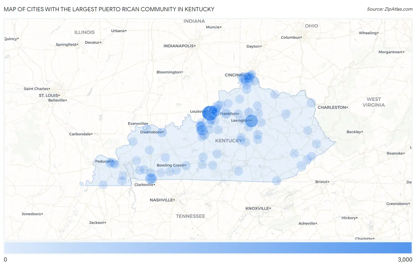 Cities with the Largest Puerto Rican Community in Kentucky Map