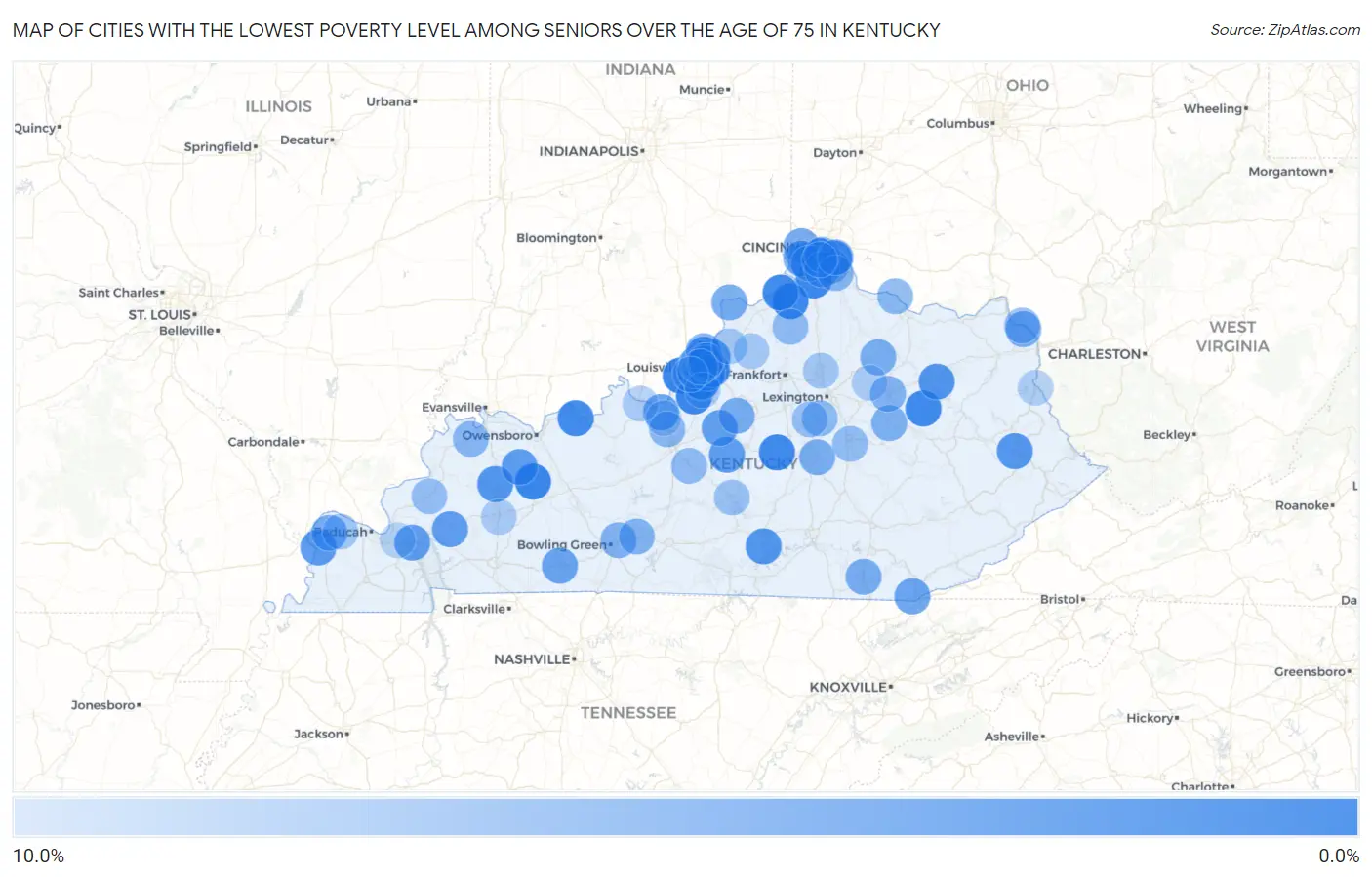 Cities with the Lowest Poverty Level Among Seniors Over the Age of 75 in Kentucky Map